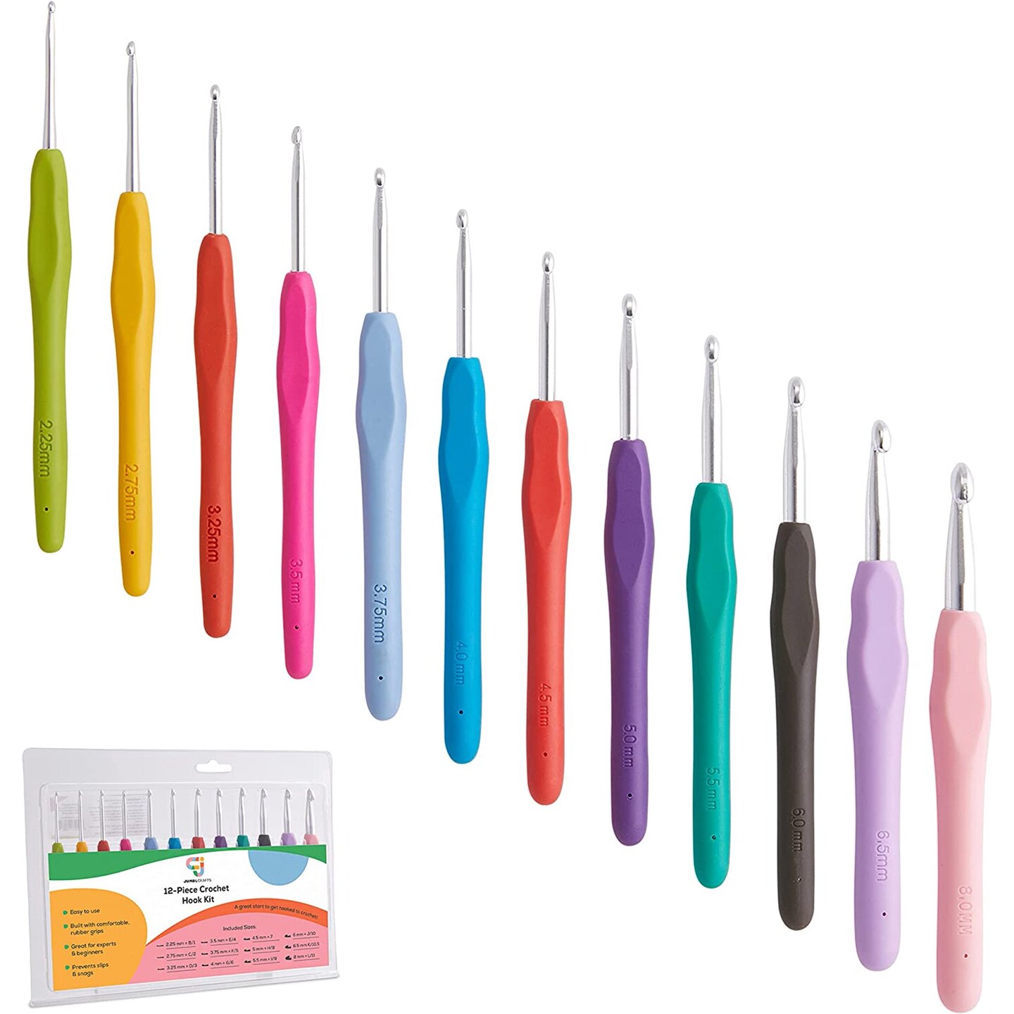 JumblCrafts Crochet Hook Set, 12 Colorful Ergonomic Crochet Hooks for Beginners and Experts