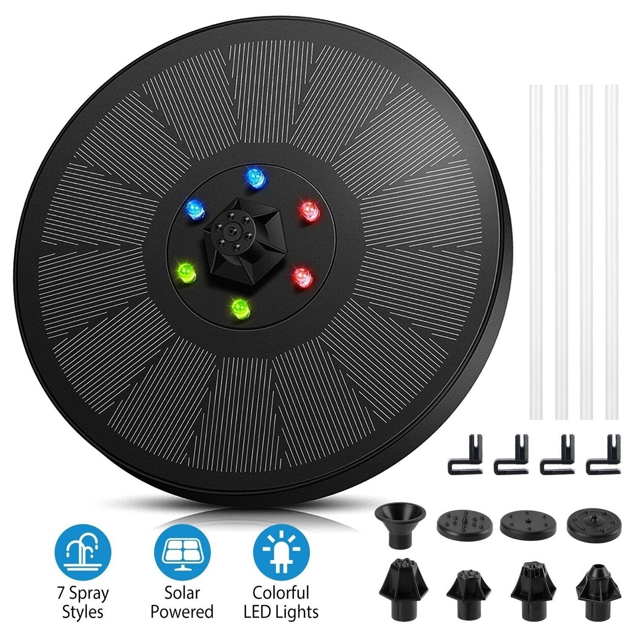 Solar Powered Fountain Pump Floating Bird Bath Pond Pump With Led Lights 7 Nozzles For Aquarium Garden Backyard Pond