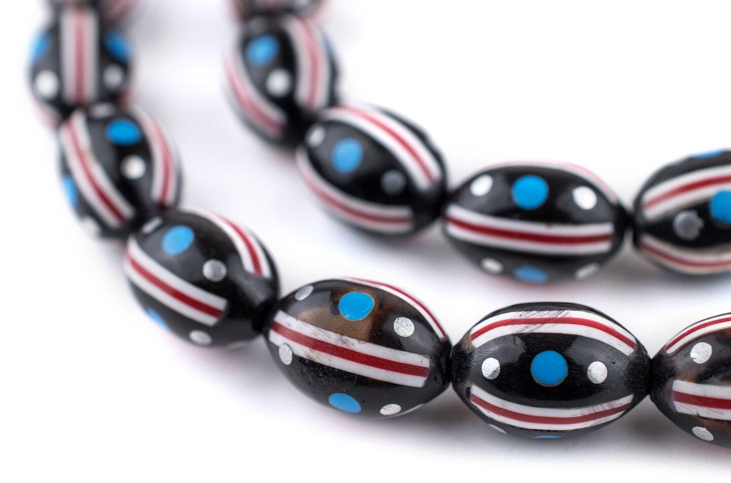 33 Red, White & Blue Inlaid Arabian Prayer Beads (14x9mm), Islamic Tasbih, Ramadan Gift, Quality Middle Eastern Beads - The Bead Chest