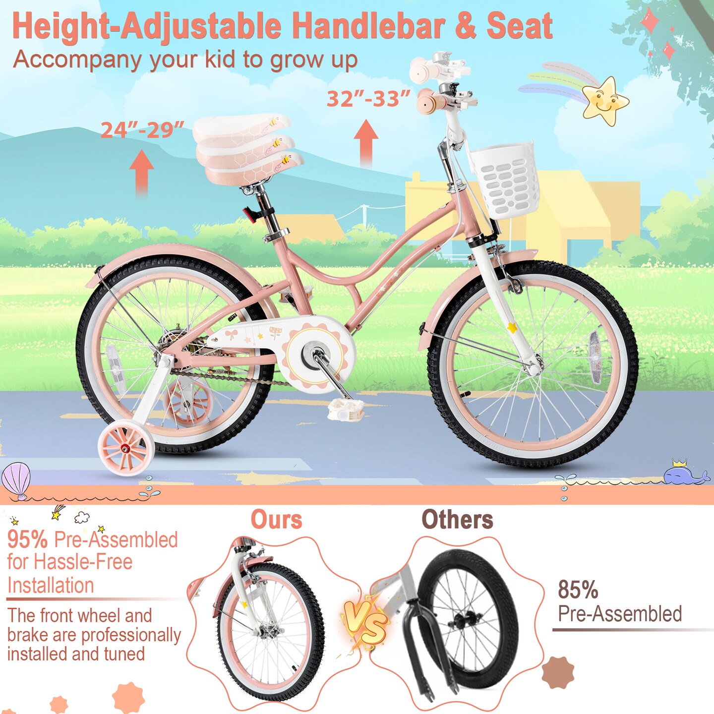 Babyjoy 18 Inch Kid Bike 95% Pre-Assembled Girls Bicycle with Training Wheels &#x26; Basket Age 6-9 Years Old Pink/Purple