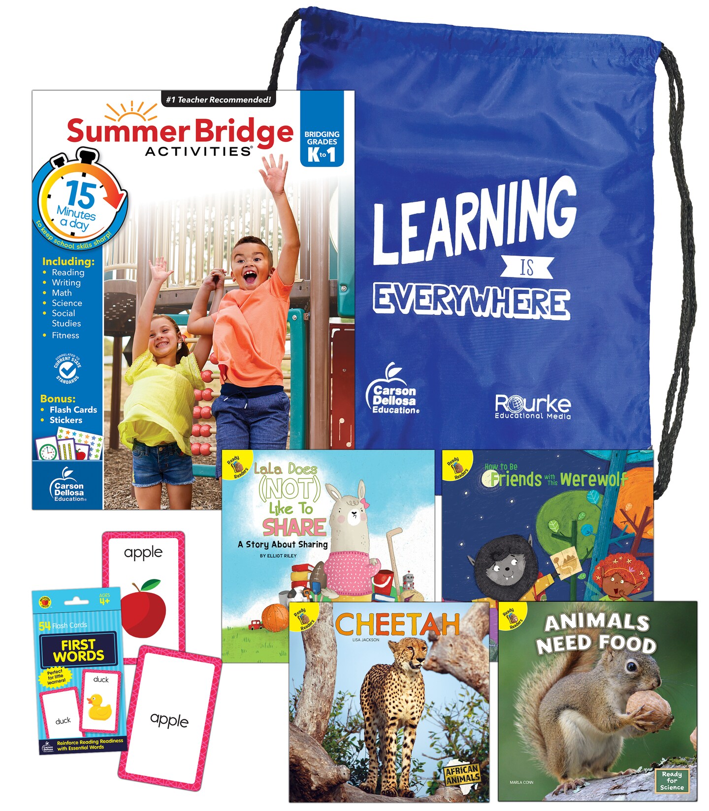 Summer Bridge Activities K-1 Bundle, Ages 5-6, Math, Reading Comprehension, Science, and Writing Summer Learning 1st Grade Workbooks, Sight Word Flash Cards, Children&#x27;s Books, and Drawstring Bag