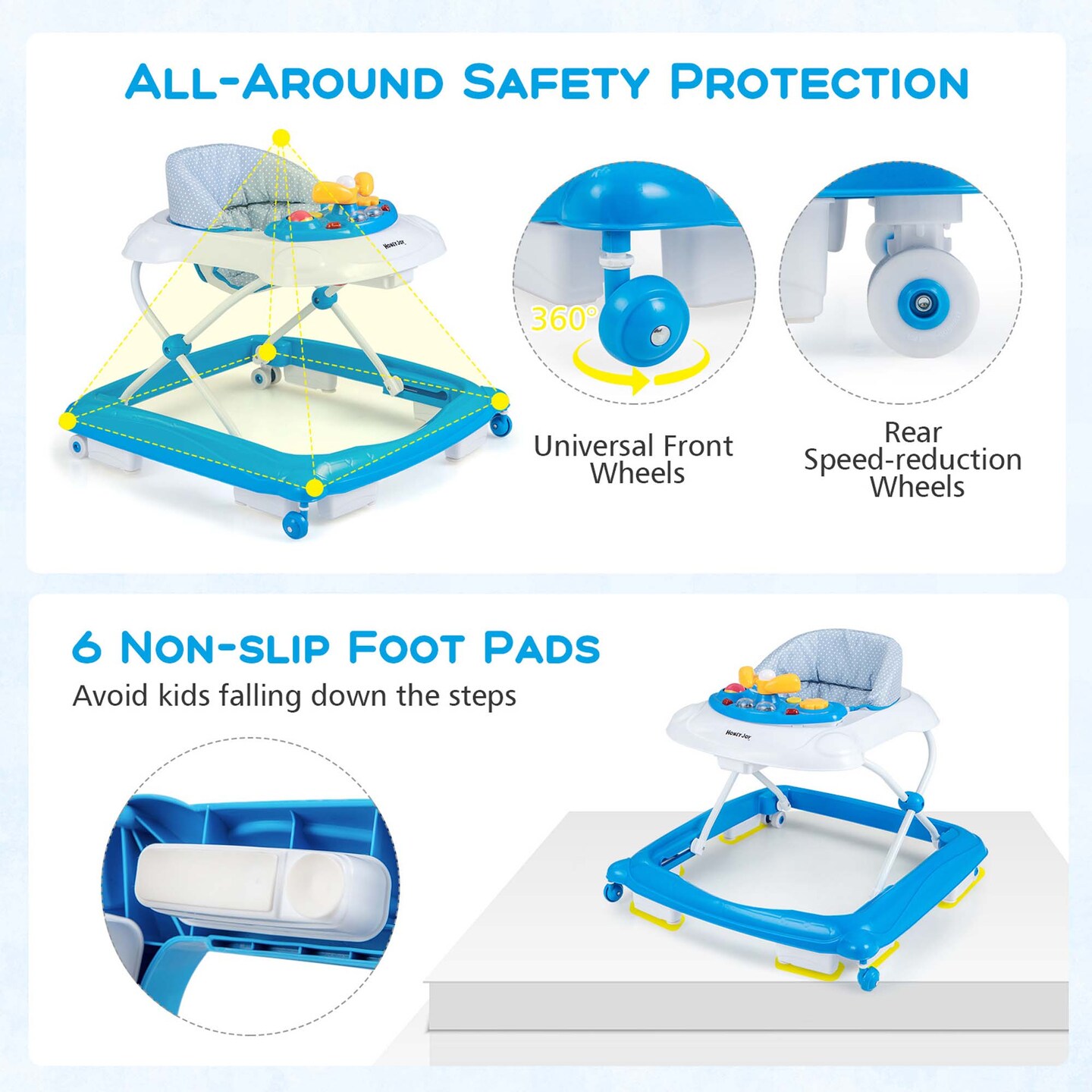 Honeyjoy Foldable Baby Walker with 3 Adjustable Heights Comfy Padded Seat Music Tray Blue/Green/Grey/Pink