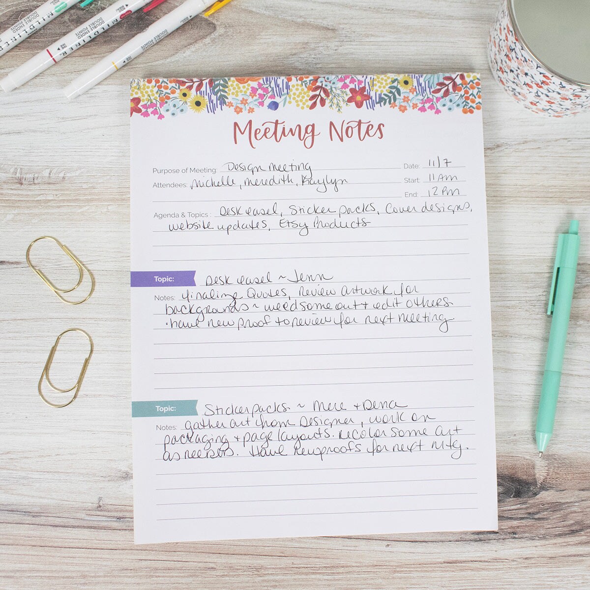 bloom daily planners Planning Pad, 8.5&#x22; x 11&#x22;, Double Sided Meeting Notes, Floral Dots