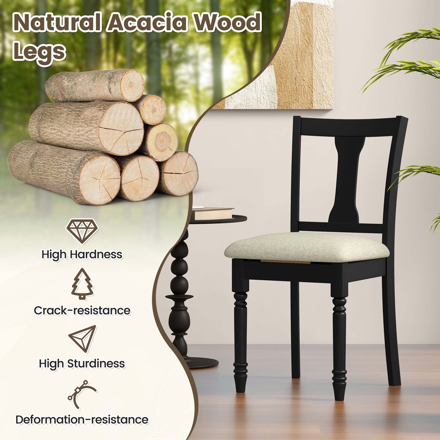 Costway 2 PCS Wood Chair Antique Upholstered Chair with Storage Space Black &#x26; Beige/Brown &#x26; Light Gray