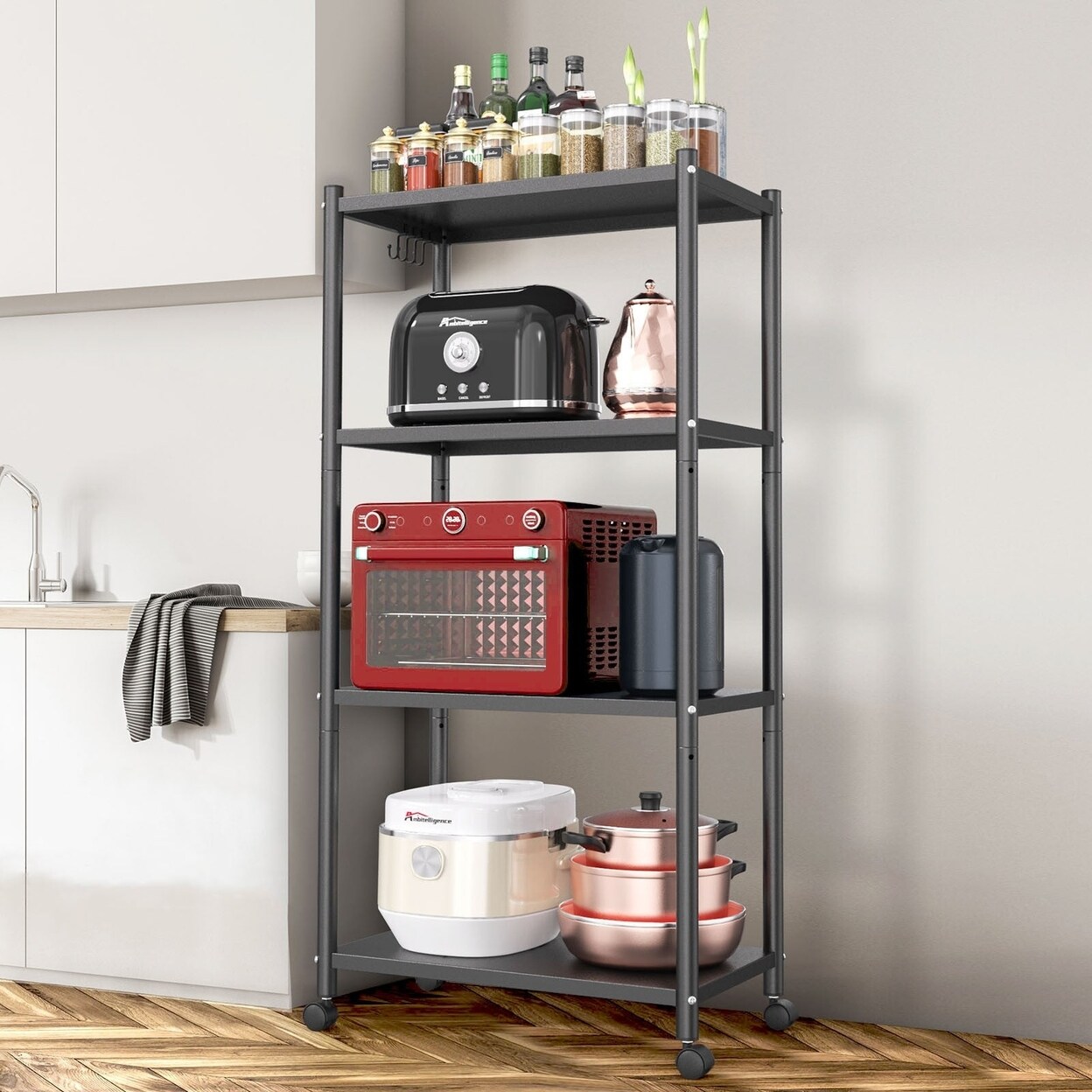 SKUSHOPS Kitchen Bakers Rack Heavy Duty Bakers Rack 4 Tier Free Standing Hight Adjustable with Wheels and Feet Industrial Metal