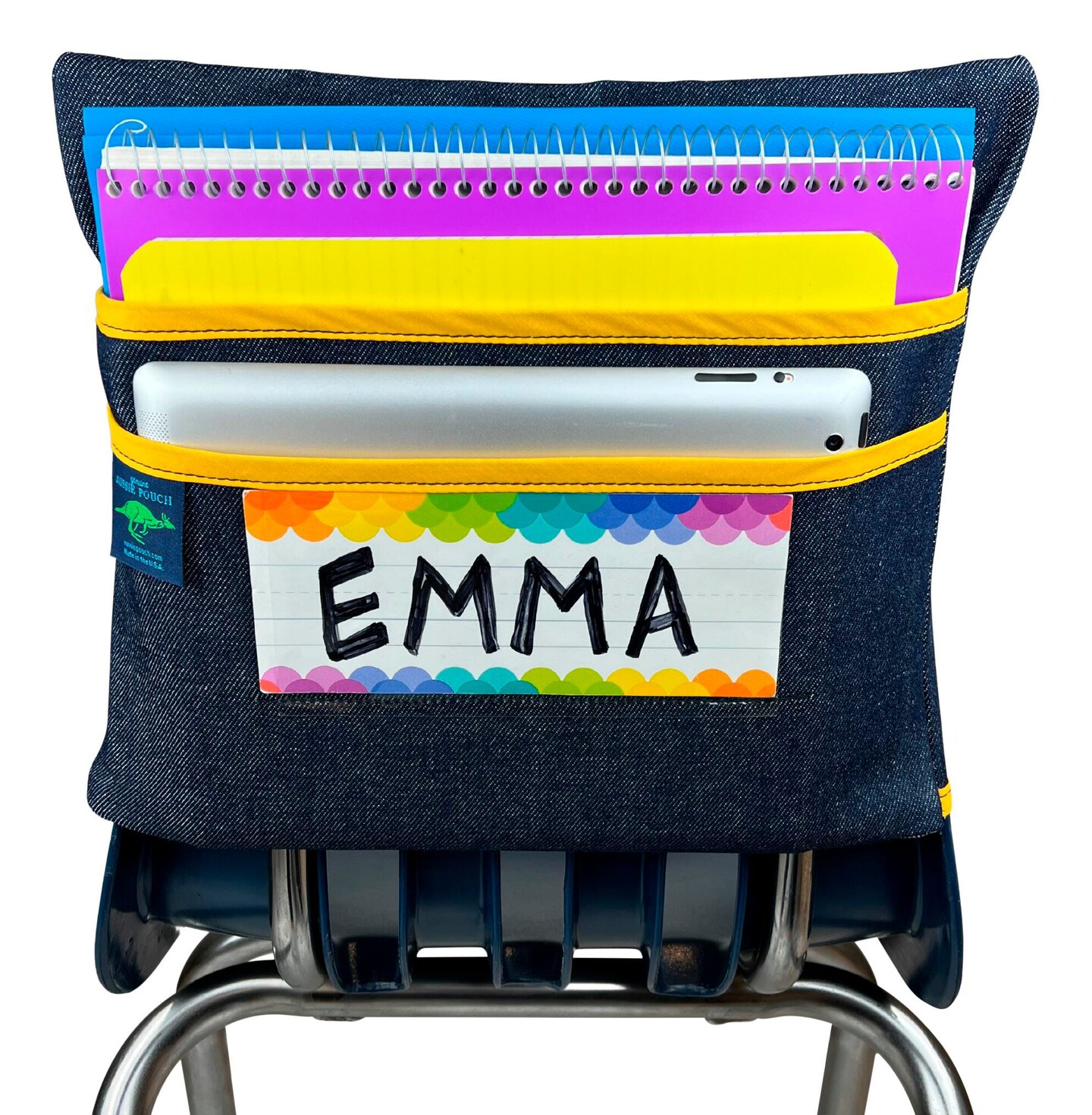 Aussie Pouch Chair Pocket with Double Pocket Design and Name Tag Pocket, Large, 17 Inches, Yellow Trim