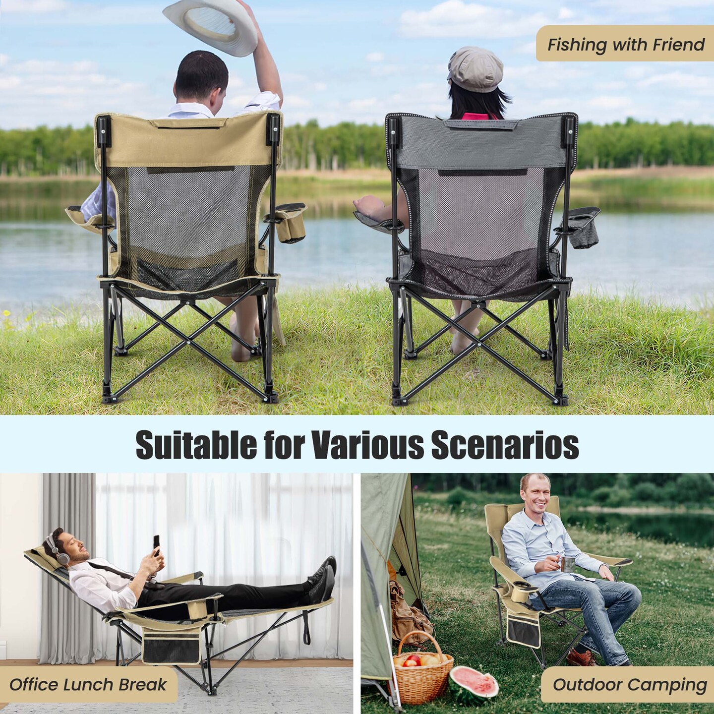 Goplus Folding Camping Chair with Detachable Footrest for Fishing, Camp, Picnics Khaki/Grey