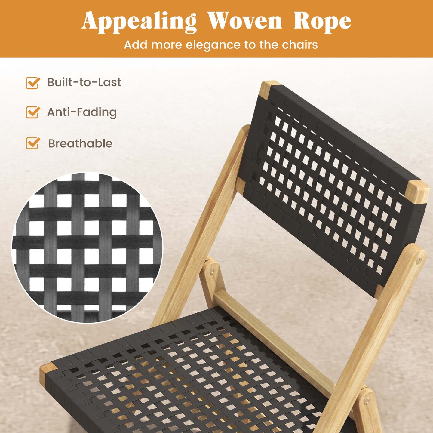 Costway 2/4 Piece Patio Folding Chairs with Woven Rope Seat & High Back Indonesia Teak Wood for Porch Natural&Black