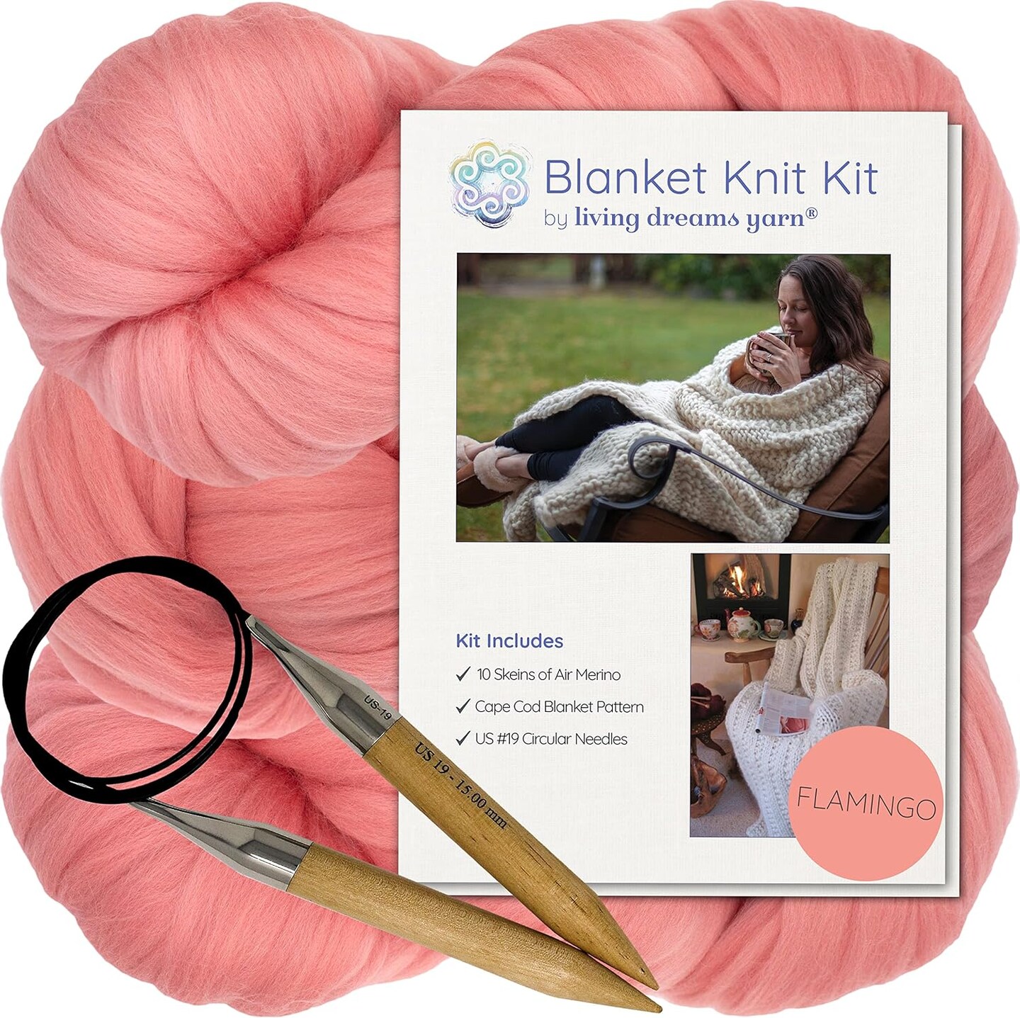 DIY Merino Wool Blanket Knitting Kit: Soft and Thick #7 Weight Jumbo Yarn, Knitting Needles and Pattern. Soft, Cozy, Great for Gifts