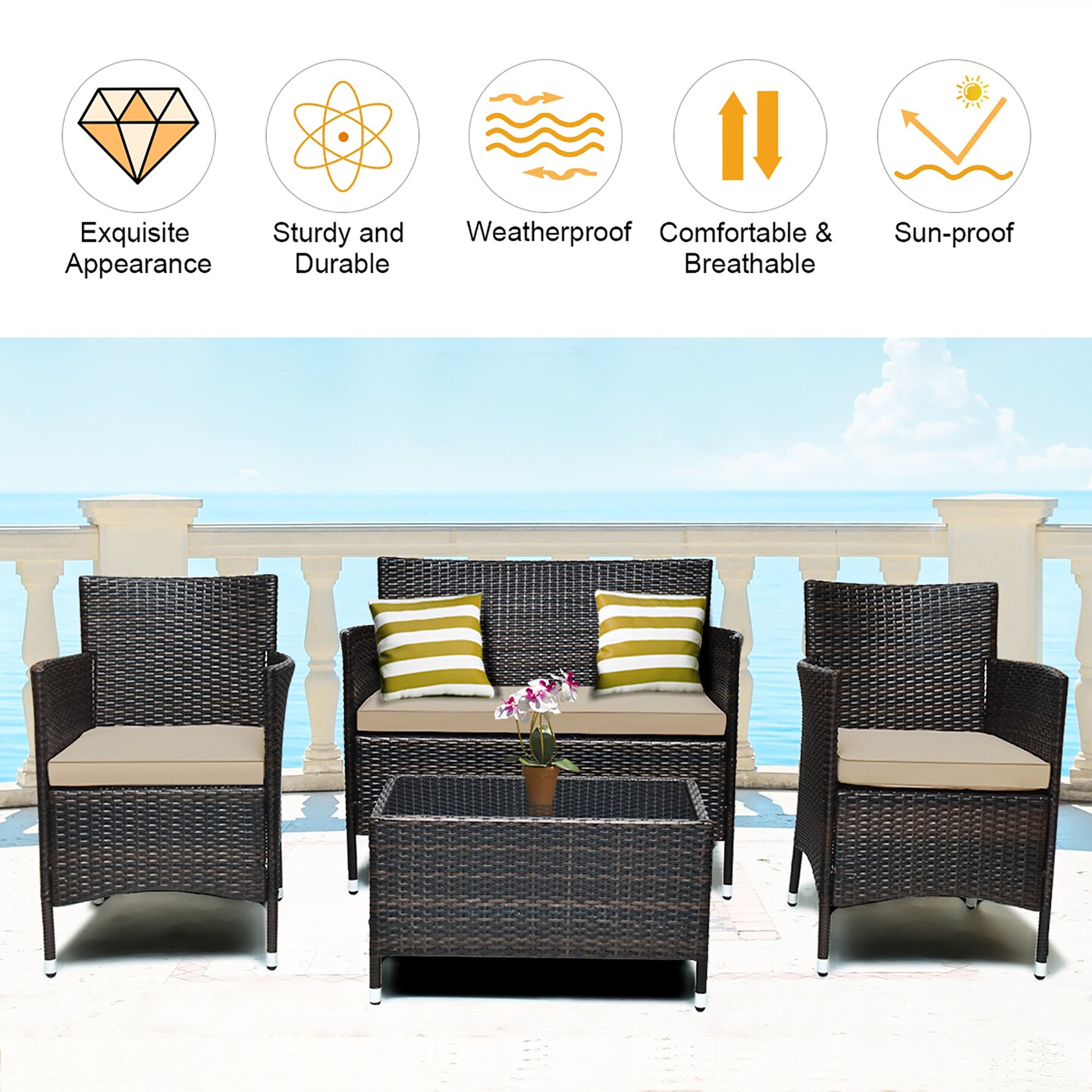 Costway 8PCS Rattan Patio Furniture Set Cushioned Sofa Chair Coffee Table Red\Brown\Turquoise