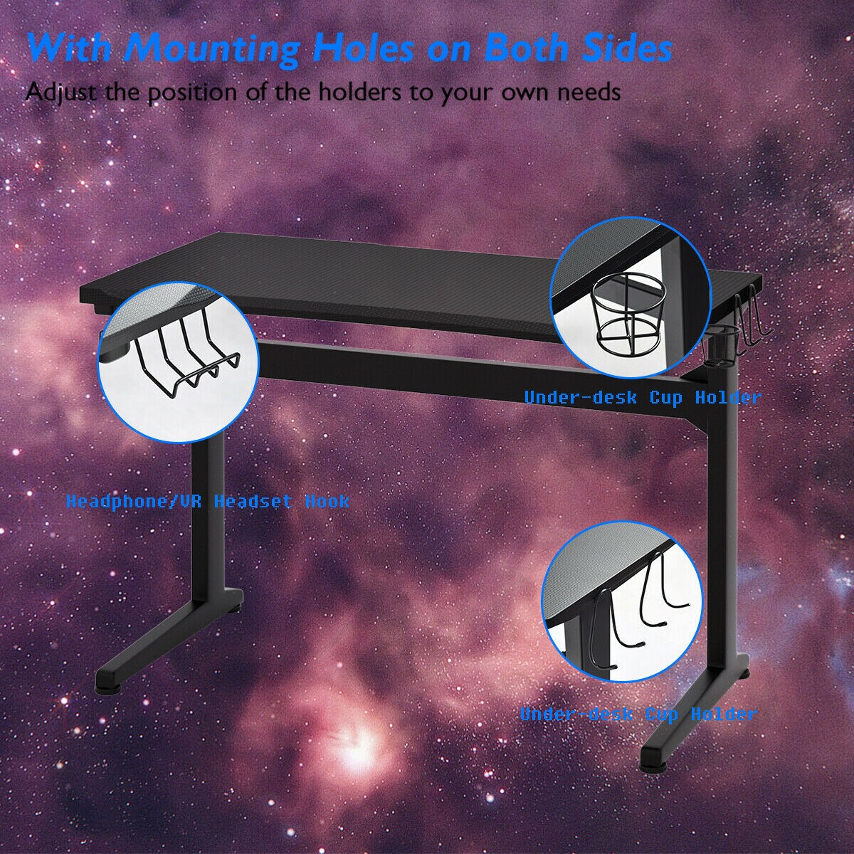 Costway Gaming Computer Desk Carbon Fiber Surface w/Mousepad Cup Holder Headphone Hook