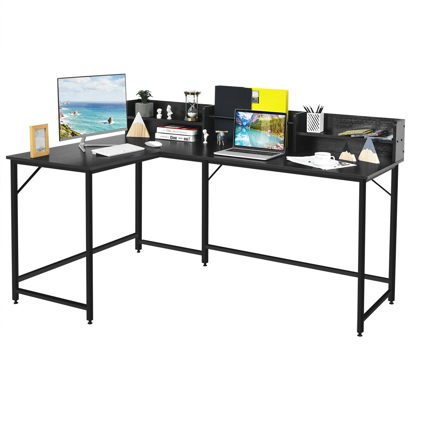 Costway 65.5&#x27;&#x27; L-shaped Computer Desk Home Office Corner Table w/Bookshelf