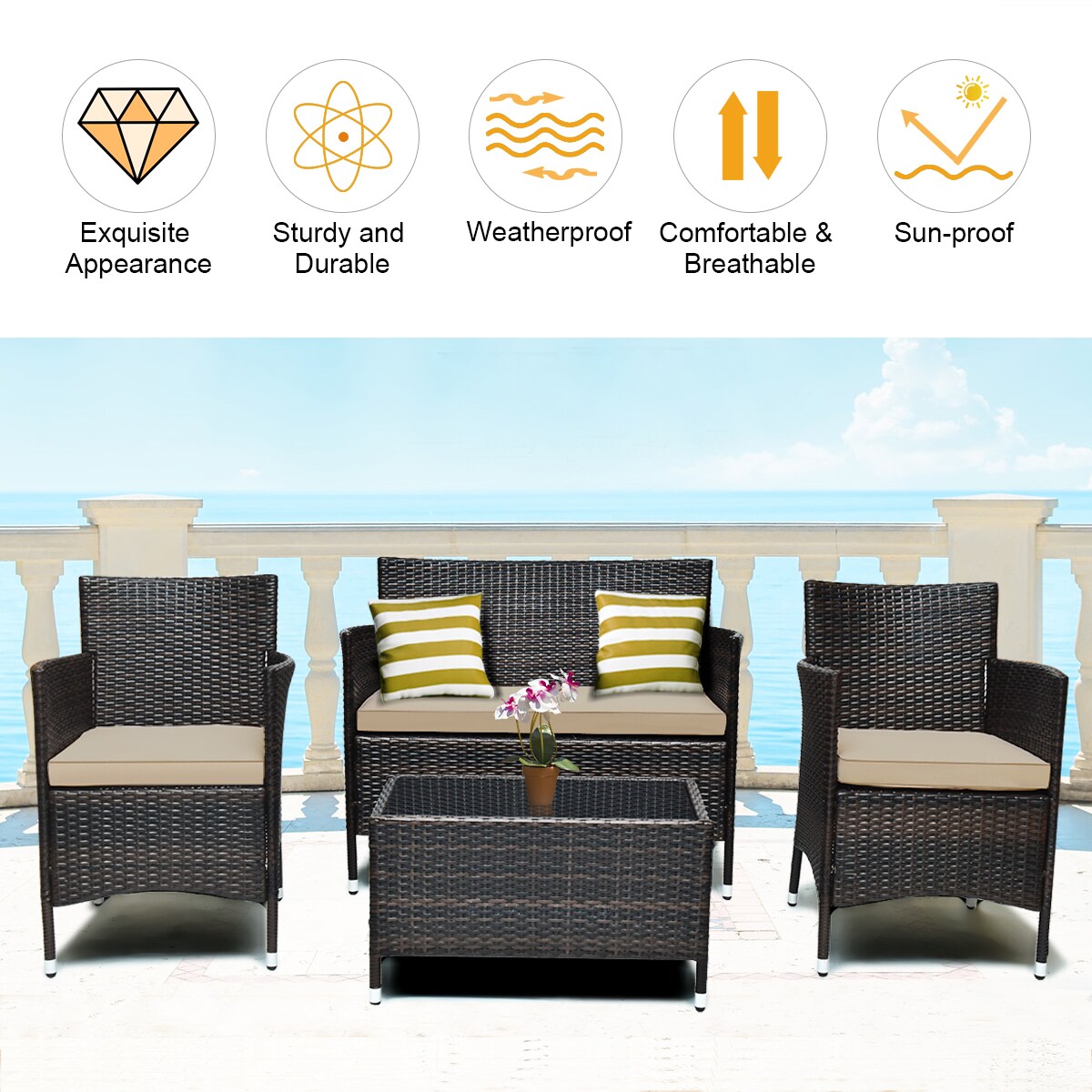 Costway 4PCS Rattan Patio Furniture Set Sofa Chair Coffee Table w/Cushion Outdoor
