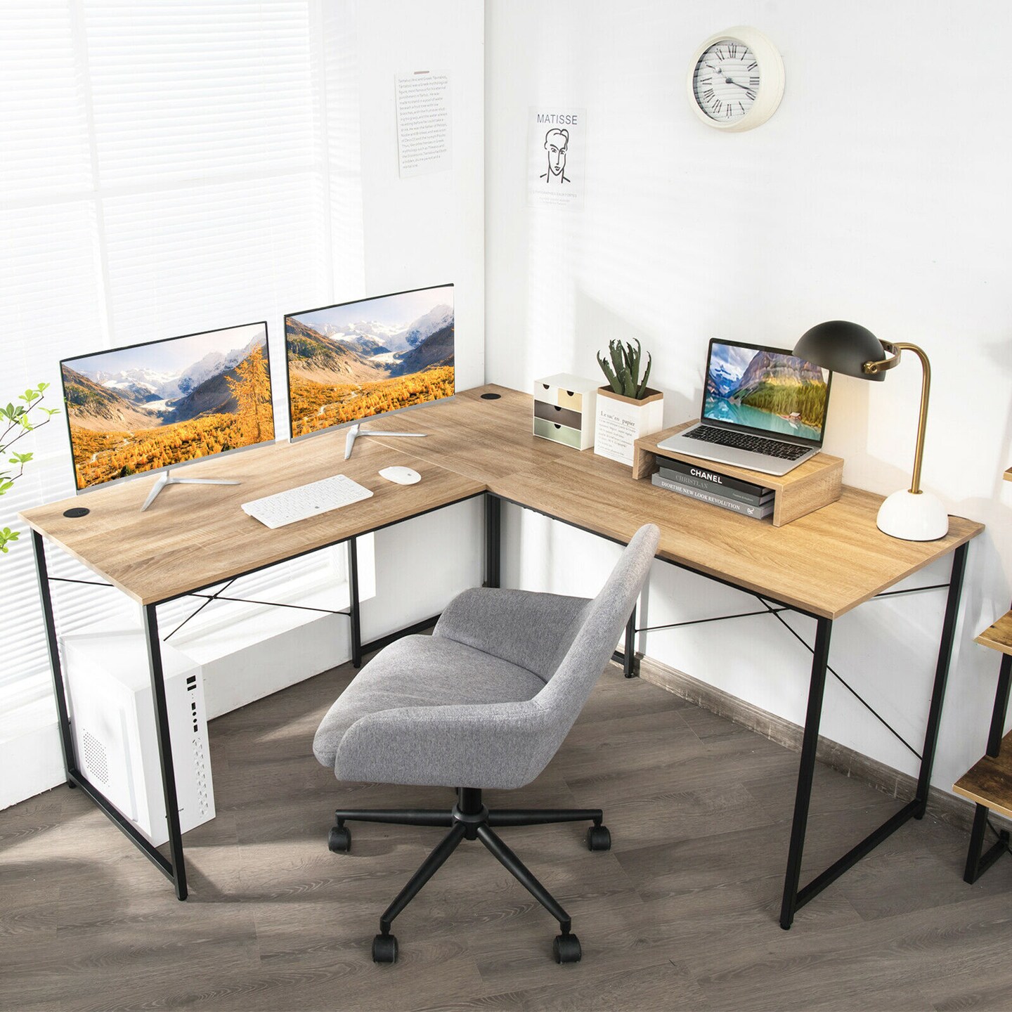 Costway L-Shaped Reversible Computer Desk 2-Person Long Table w/Monitor Stand