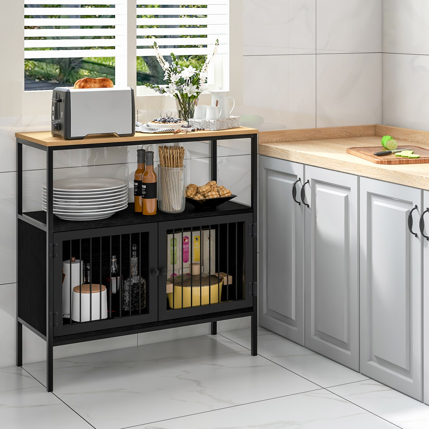 Costway Kitchen Server Buffet Sideboard Storage Cabinet Cupboard with  2 Doors &#x26; Open Shelf