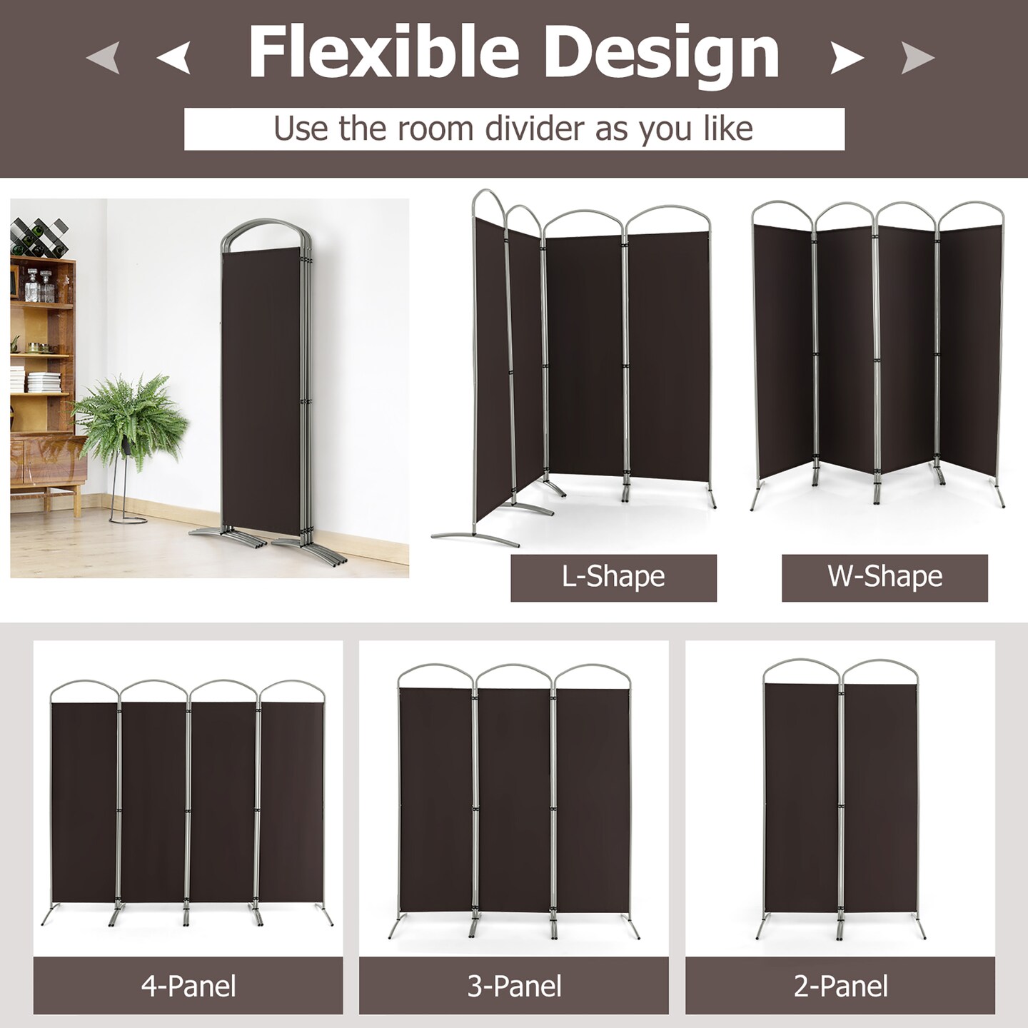 Costway 4 Panels Folding Room Divider 6 Ft Tall Fabric Privacy Screen Black/Brown/Grey/White
