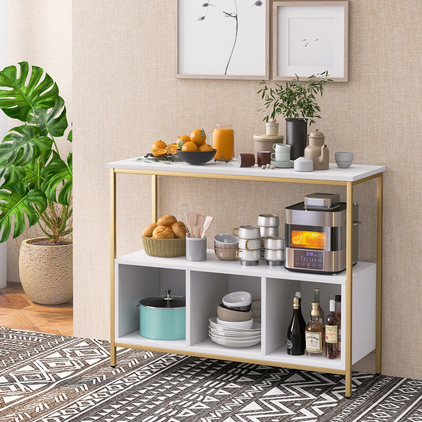 Costway Buffet Sideboard Kitchen Storage Cabinet Open Shelf w/ 3 Compartments Black\Rustic