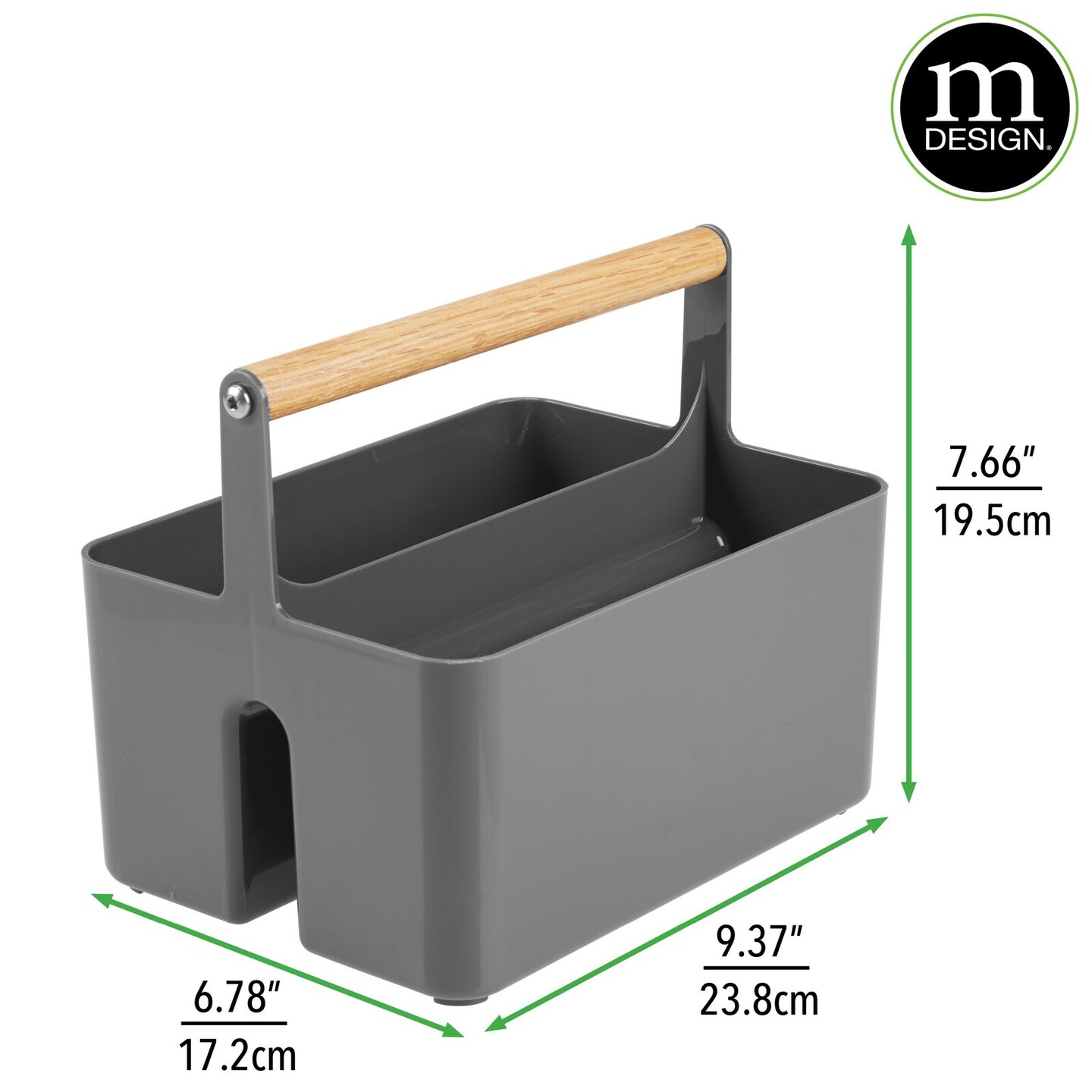 mDesign Plastic Tote, Divided Basket Bin with Wood Handle