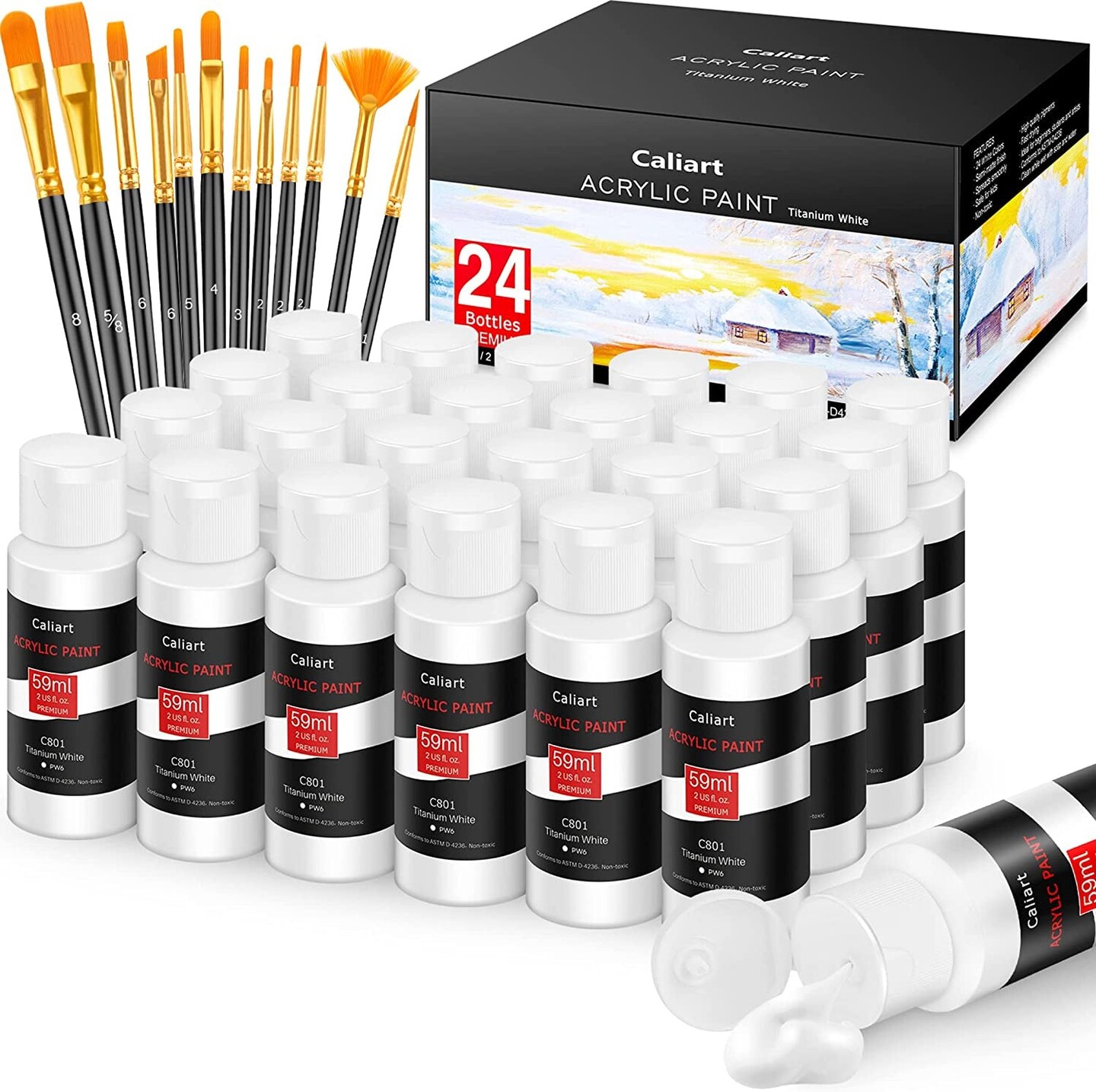 Caliart Acrylic Paint Set with 12 Brushes, 24 Colors (59ml, 2oz) Art Craft Paint
