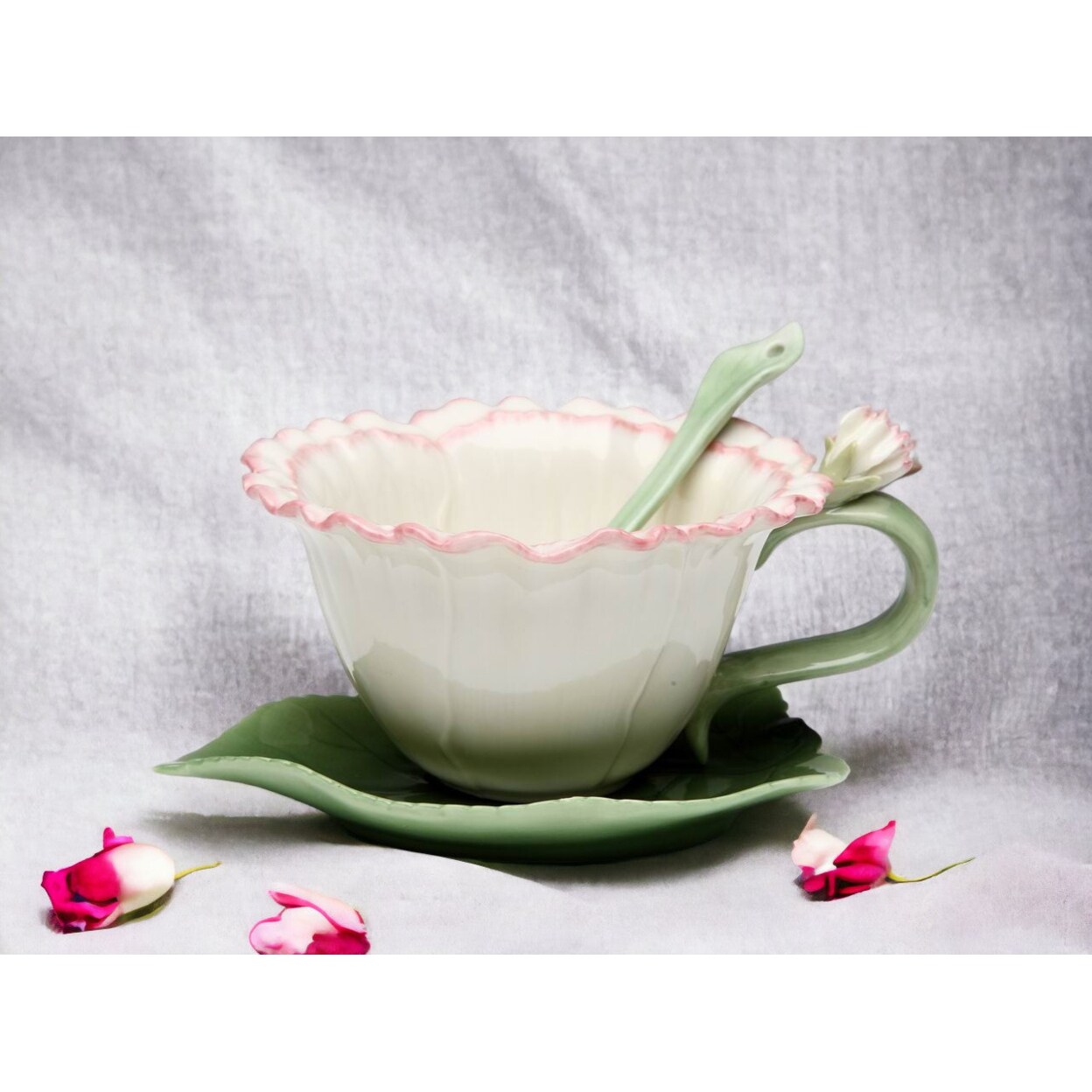 kevinsgiftshoppe Ceramic Carnation Flower Cup and Saucer and Spoon-2 Sets   Tea Party Decor Cafe Decor