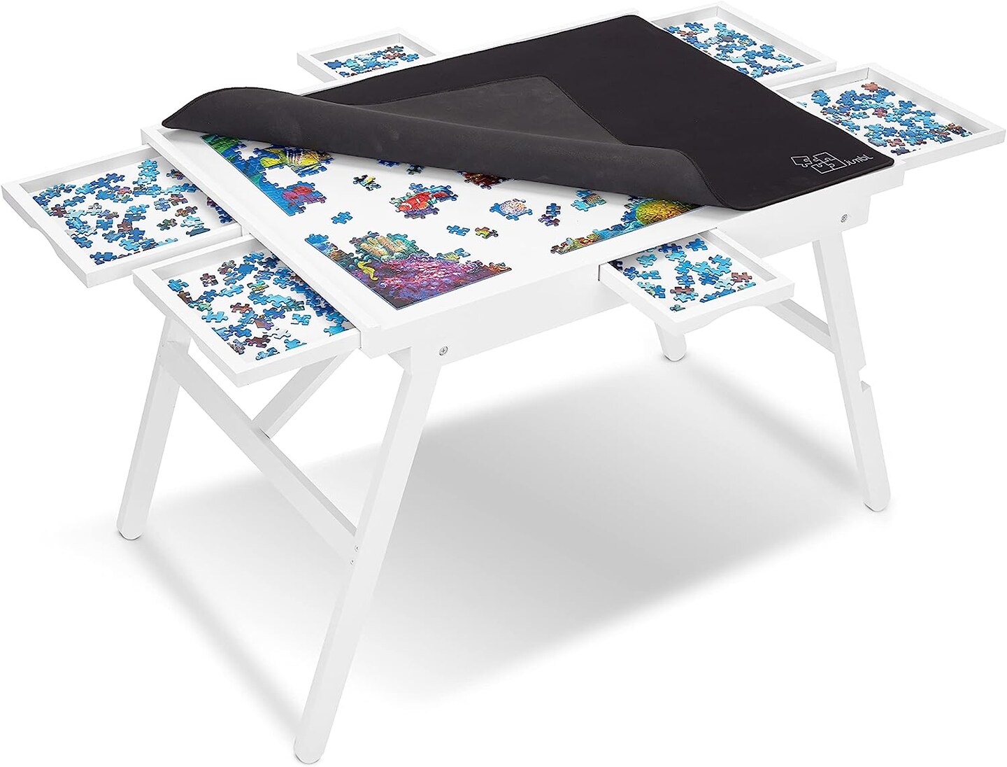 Jumbl 1500-Piece Puzzle Table w/Mat, 27&#x22; x 35&#x22; Jigsaw Puzzle Board w/Legs 6 Removable Drawers