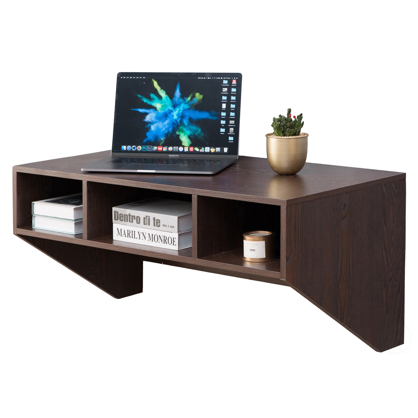 "Wall Mounted Computer Desk Set With Storage Open Compartments Durable Wood"
