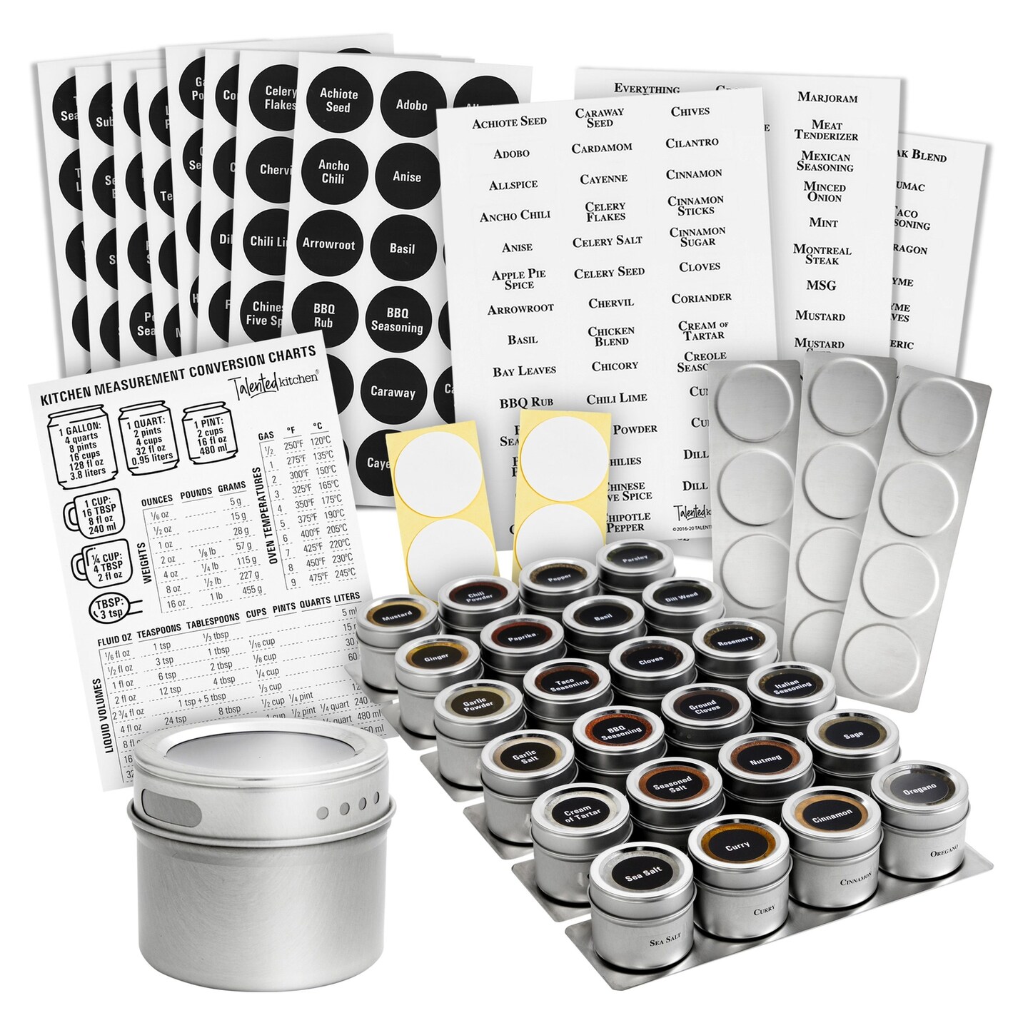 Talented Kitchen Magnetic Spice Jars for Refrigerator - 3oz Metal Spice  Containers with Sift-and-Pour Lids (24 Magnet Spice Jars, 269 Preprinted  Labels, 2 Label Styles)