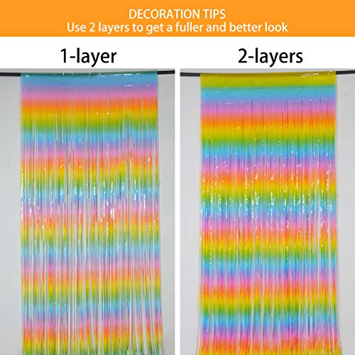 2 Pack Party photo booth decoration backdrop, 3.2 ft x 8.2 ft metallic foil tinsel fringe curtains, rainbow foil curtains