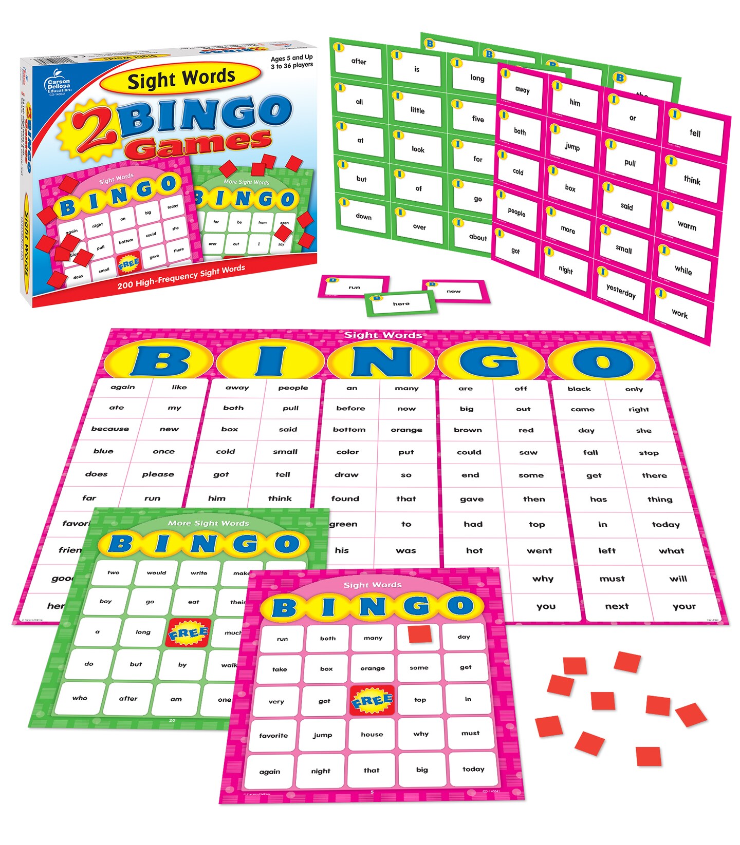 Carson Dellosa Sight Words Bingo Board Games, High-Frequency Vocabulary for Kids Ages 5 and Up, Phonics Kindergarten Learning Activities, 3-36 Players
