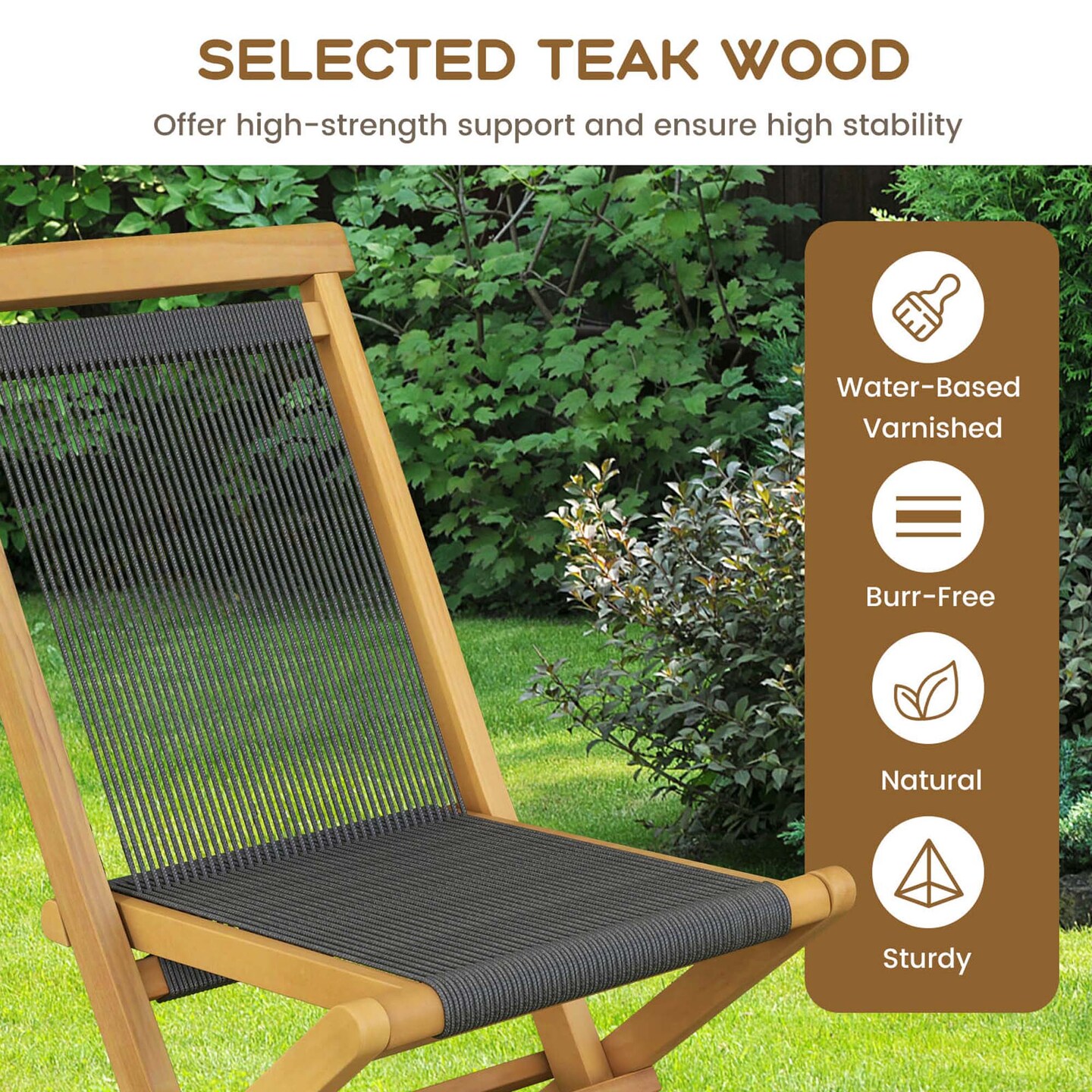Costway 2/4 PCS Patio Folding Chairs with Woven Rope Seat & Back Indonesia Teak Wood for Porch Natural&Black