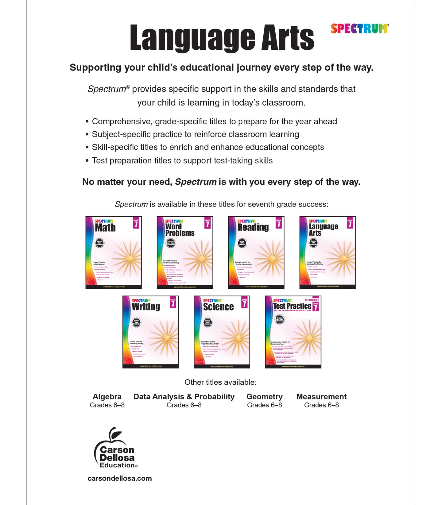 Spectrum Grade 7 Language Arts Workbooks, Ages 12 to 13, Language Arts Grade 7, Vocabulary, Sentence Types, Parts of Speech, Writing Practice, and Grammar Workbook - 160 Pages