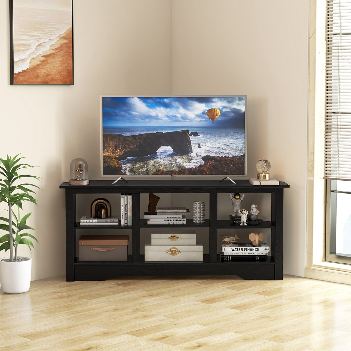 Costway 58&#x22; TV Stand with 6 Open Storage Shelves Shelf for 18 inch Fireplace(not included) Black/Grey