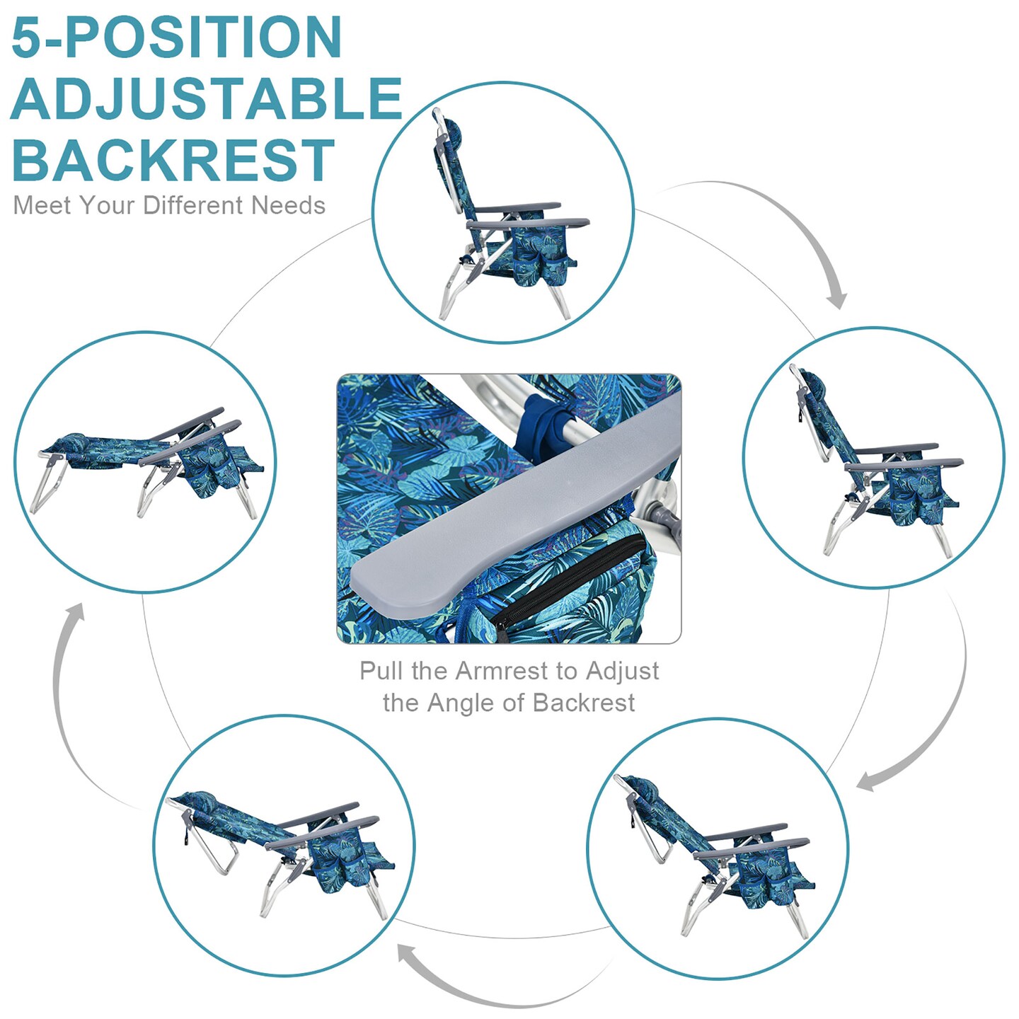 2-Pack Folding Backpack Beach Chair 5-Position Outdoor Reclining Chairs with Pillow Blue/Pattern/Pink/Yellow/Dark Pink/Dark Green/Dark Blue