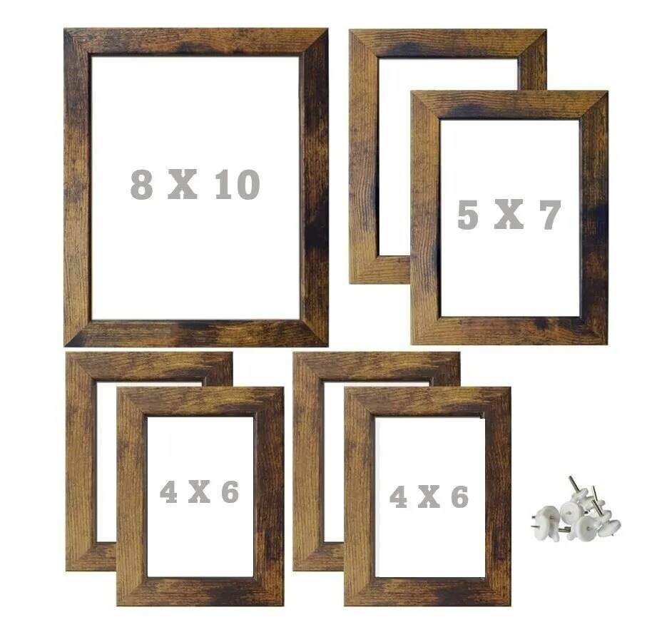 Multi-Size Rustic Picture Frame Set Photo Collage Distressed Brown Wood Tone 7pk