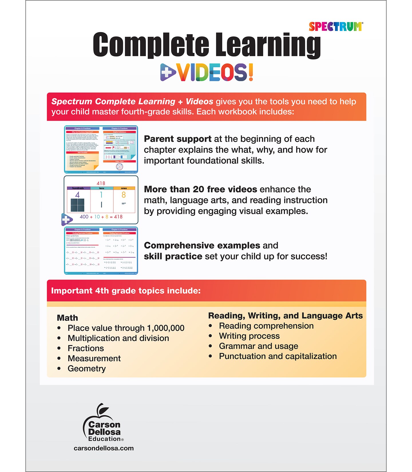 Spectrum Complete Learning + Videos 4th Grade Workbook All Subjects, Ages 9-10, Grade 4 Reading, Writing, Language Arts &#x26; Math Workbook, Fractions, Algebra Prep, Grammar &#x26; More How-To Video Tutorials