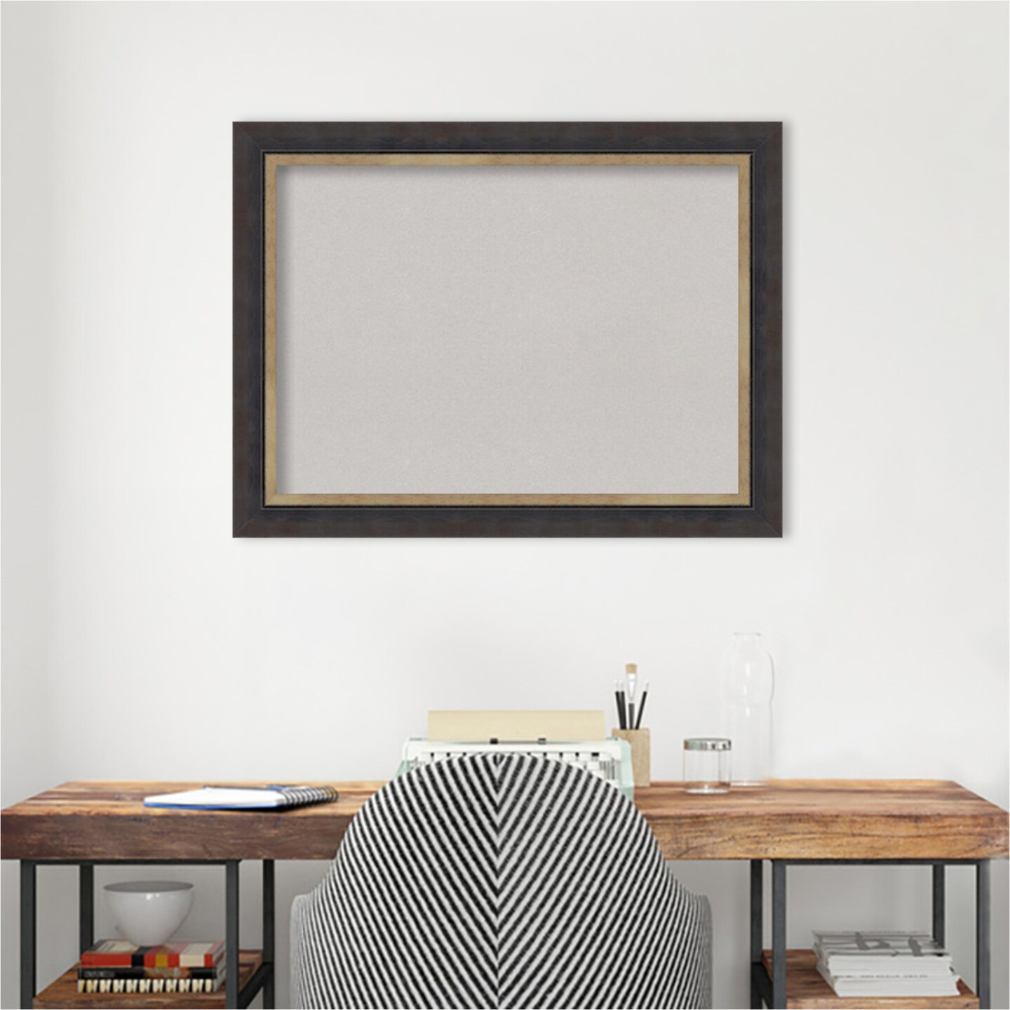 Hammered Charcoal Tan Wood Framed Corkboard, Grey Cork