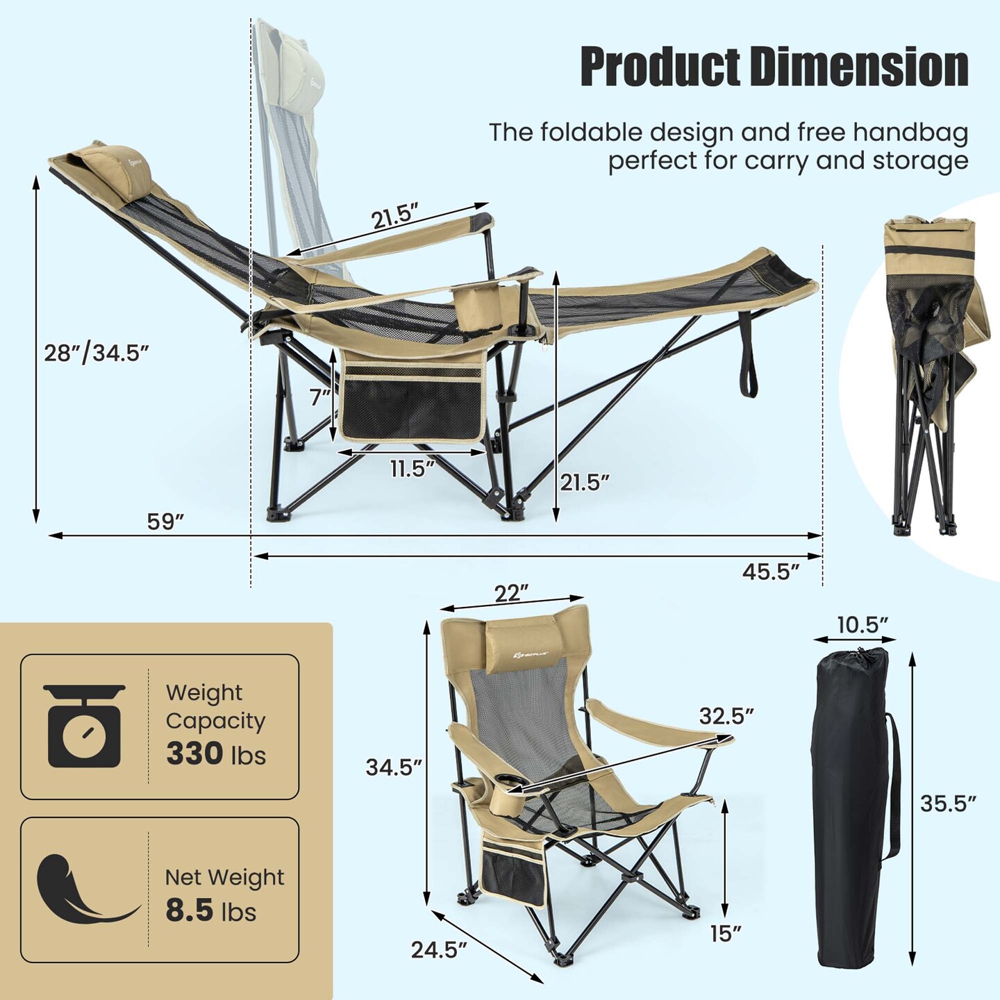Goplus Folding Camping Chair with Detachable Footrest for Fishing, Camp, Picnics Khaki/Grey