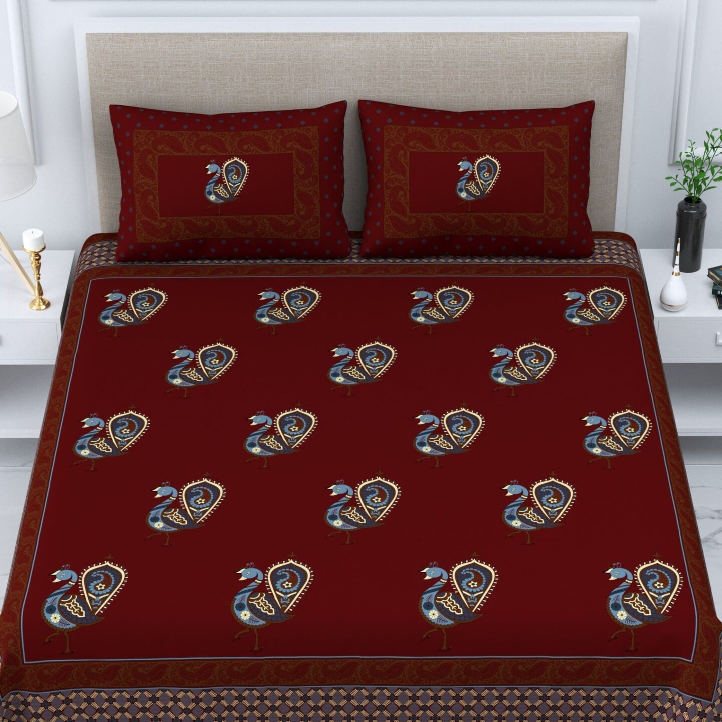 100% Cotton Sheets Indian Ethnic Peacock Printed 3-piece Fitted Sheet with Pillowcases 150 Thread Count Deep Pockets Soft Breathable Bedding Set (king Queen Twin)