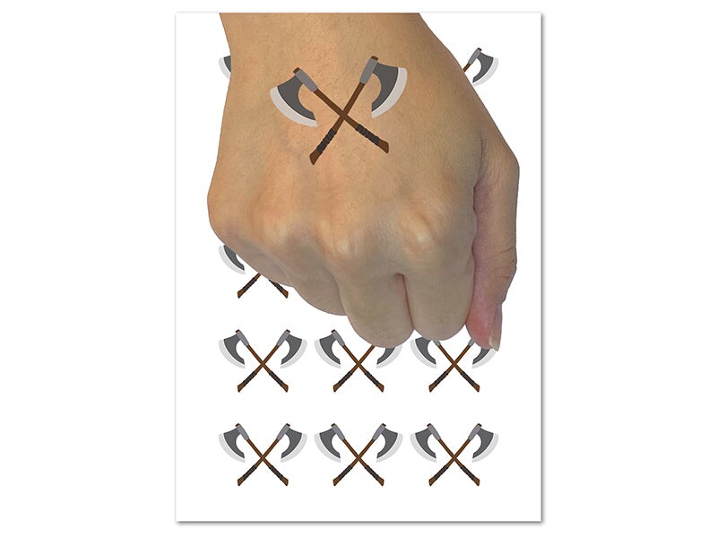 Crossed Viking Battle Axes Weapons Temporary Tattoo Water Resistant Fake Body Art Set Collection (1 Sheet)