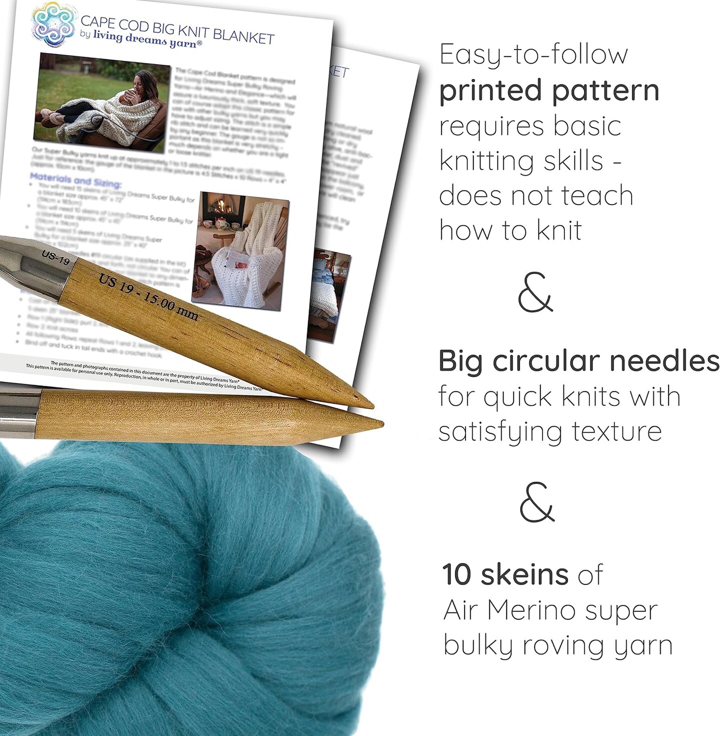 DIY Merino Wool Blanket Knitting Kit: Soft and Thick #7 Weight Jumbo Yarn, Knitting Needles and Pattern. Soft, Cozy, Great for Gifts