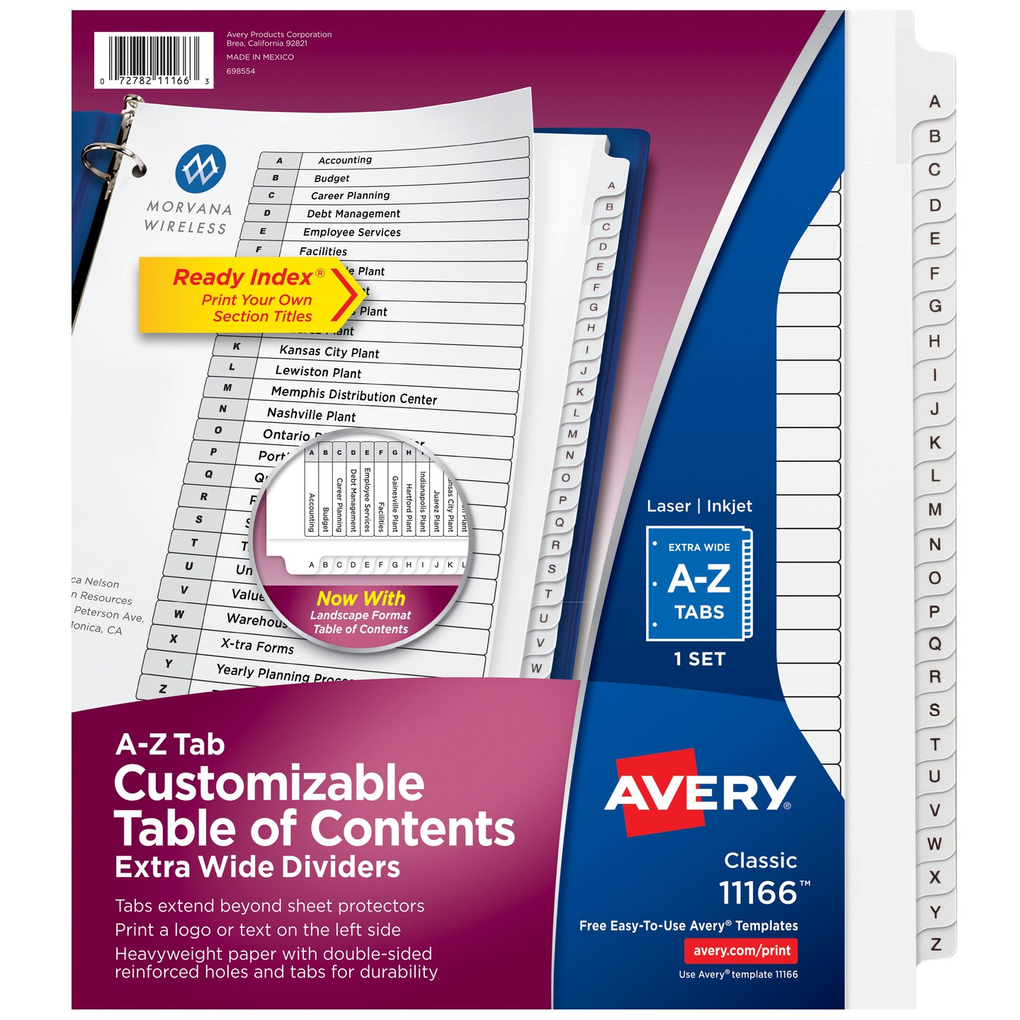 Avery Extra-Wide 26 Tab A-Z Dividers for 3 Ring Binders, Customizable Table of Contents, White Tabs, Works With Sheet Protectors, 1 Set (11166)