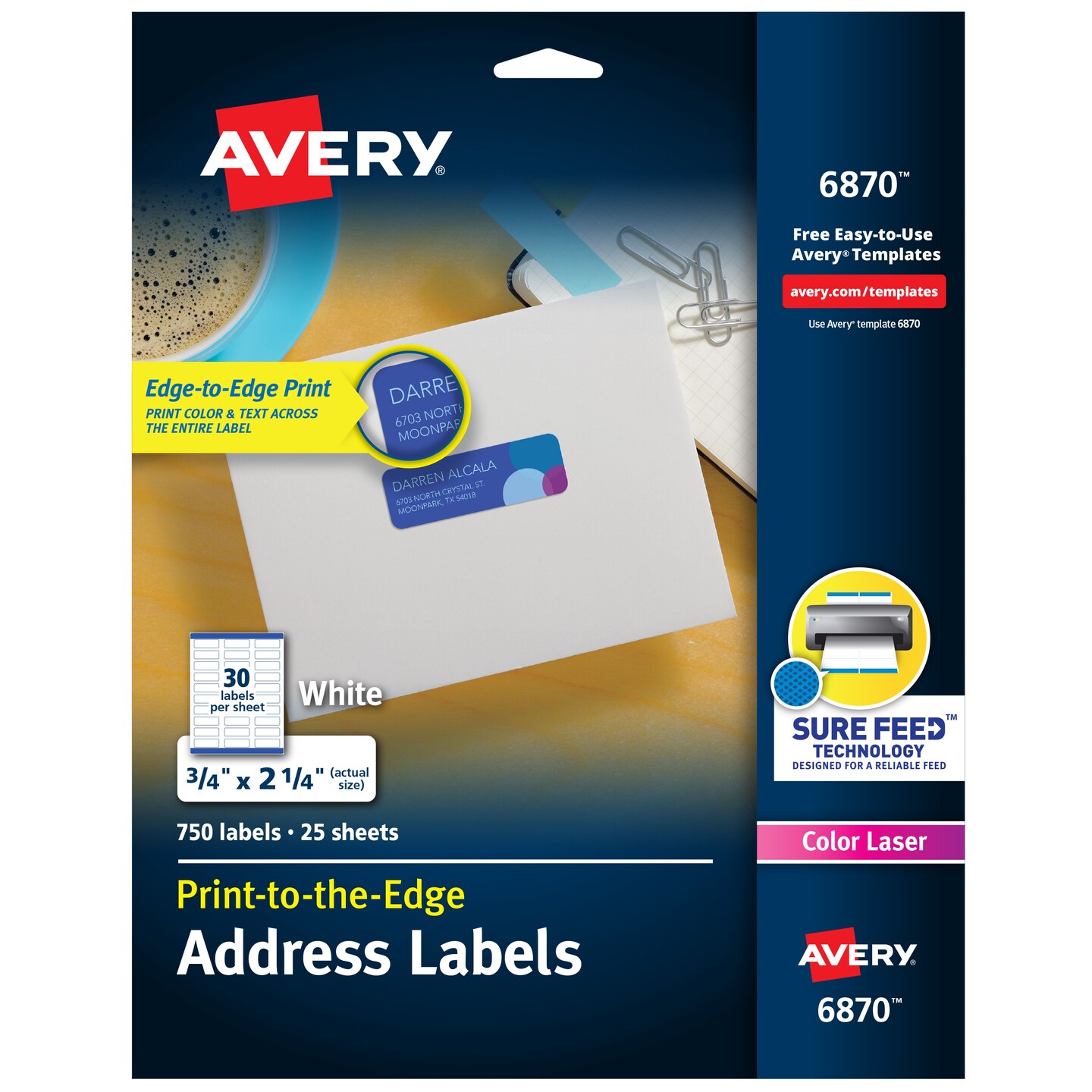 Avery Address Labels with Sure Feed for Color Laser Printers, Print-to-the-Edge, 3/4&#x22; x 2-1/4&#x22;, 750 White Labels (6870)