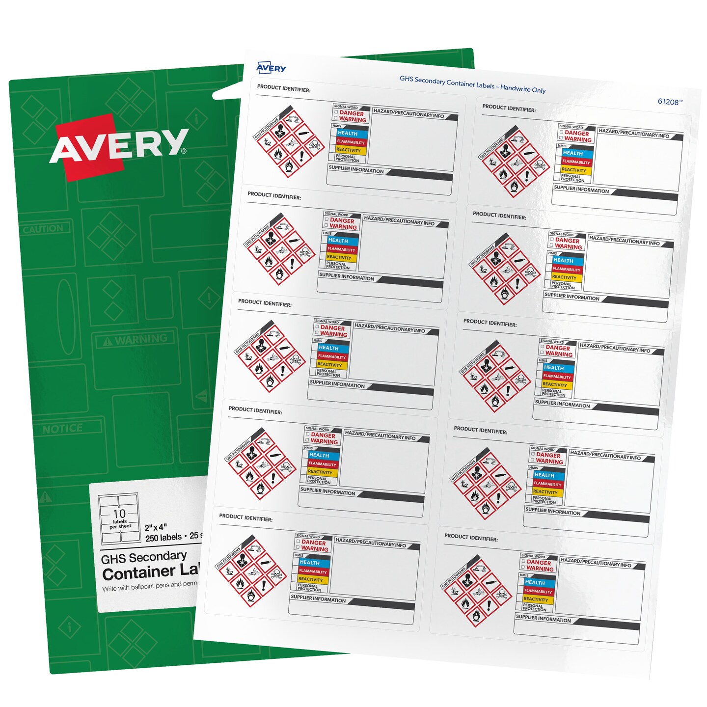 Avery GHS Secondary Container Labels, Pre-Printed, Handwrite Only, 2" x 4", 250 Labels (61208)