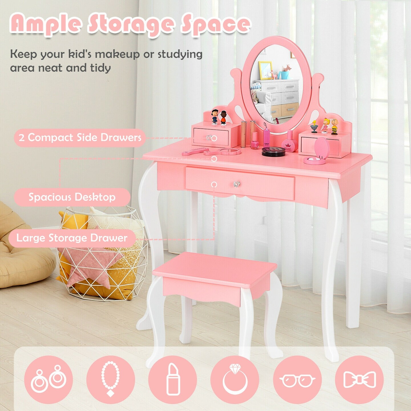 Kids Vanity Princess Makeup Dressing Table Stool Set with Mirror and Drawer
