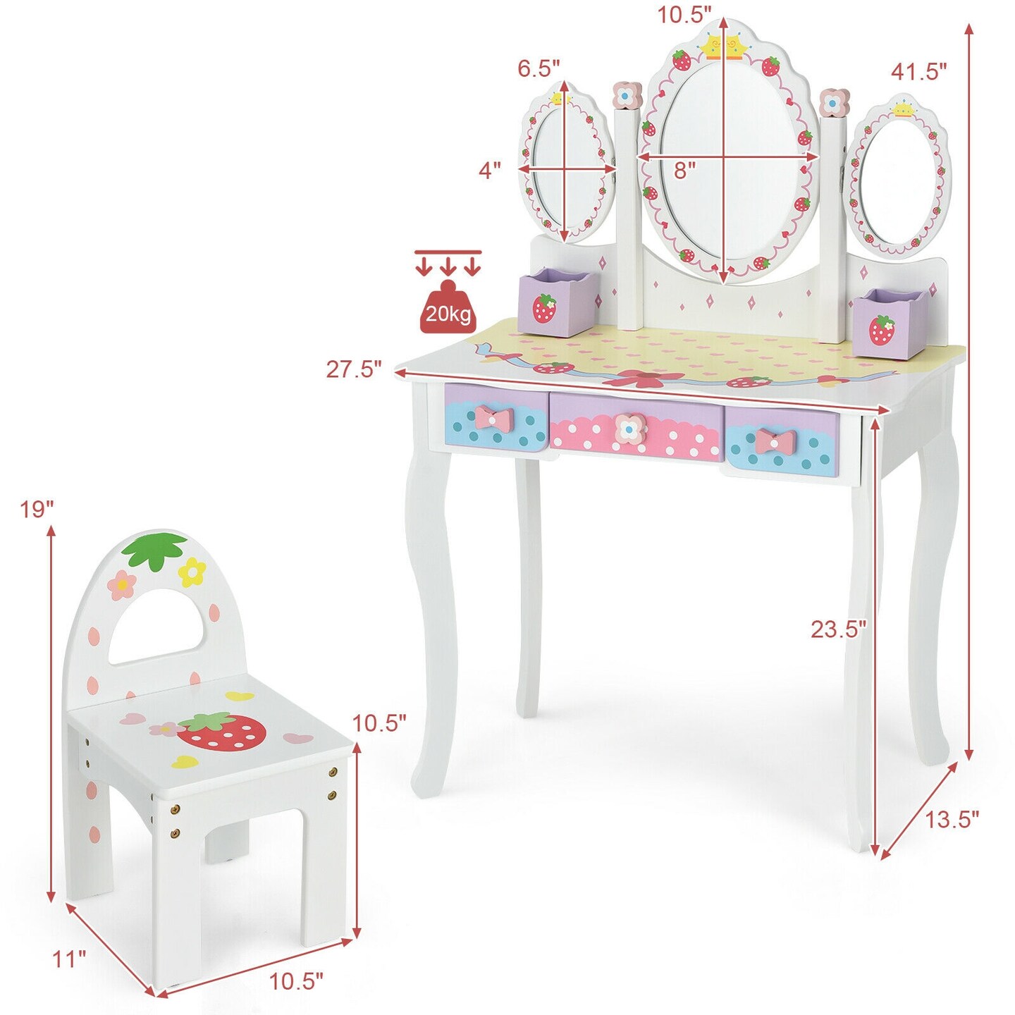 Kids Vanity Princess Makeup Dressing Table Chair Set with Tri-fold Mirror