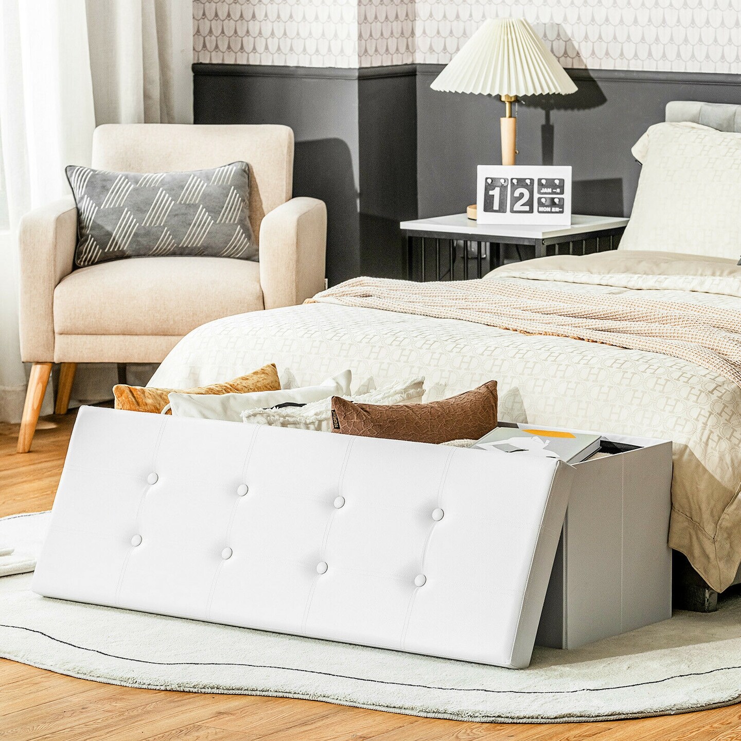 45 Inches Faux Leather Foldable Ottoman Storage Bench with Thick Sponge Padded Seat