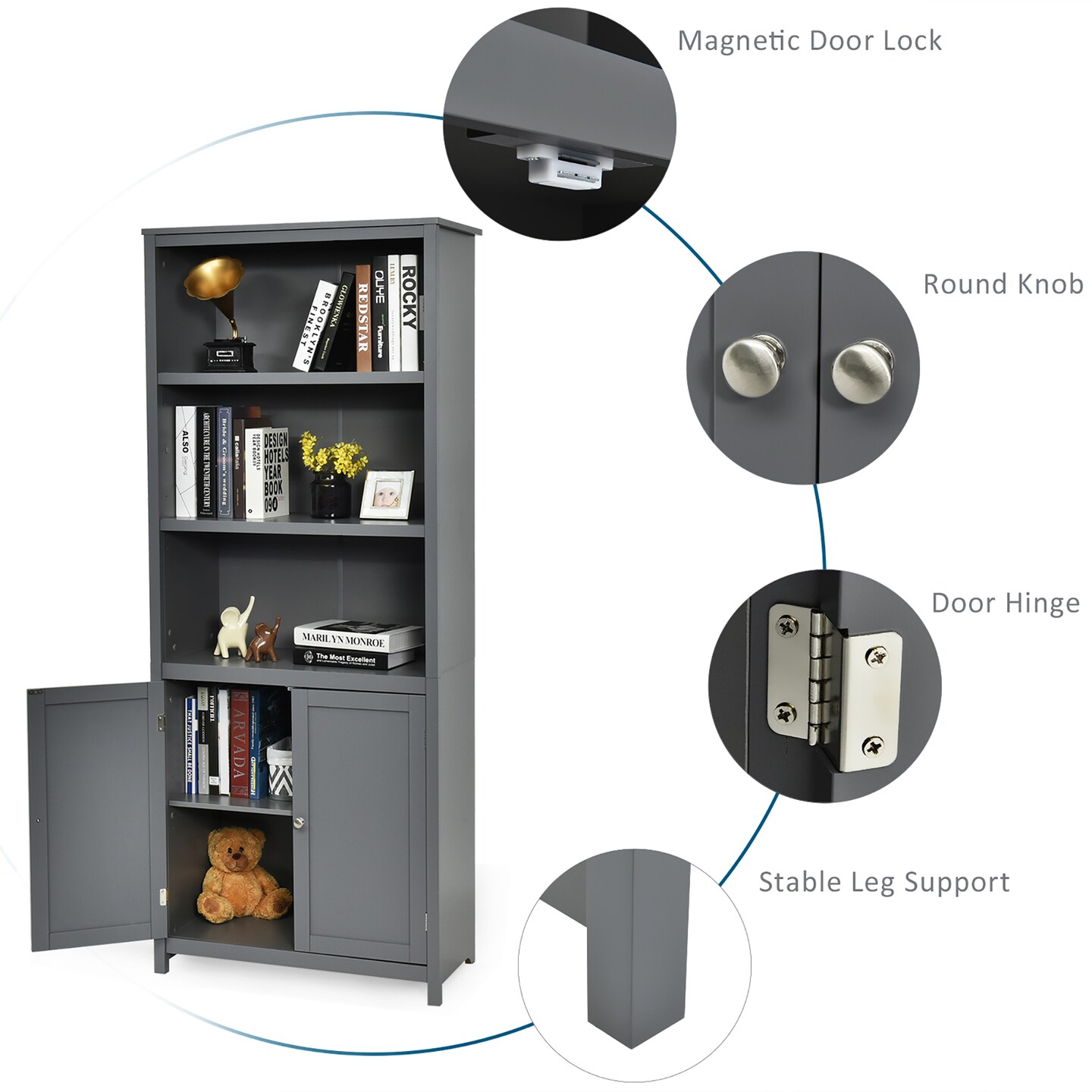 Costway Bookcase Shelving Storage Wooden Cabinet Unit Standing Bookcase W/Doors Gray