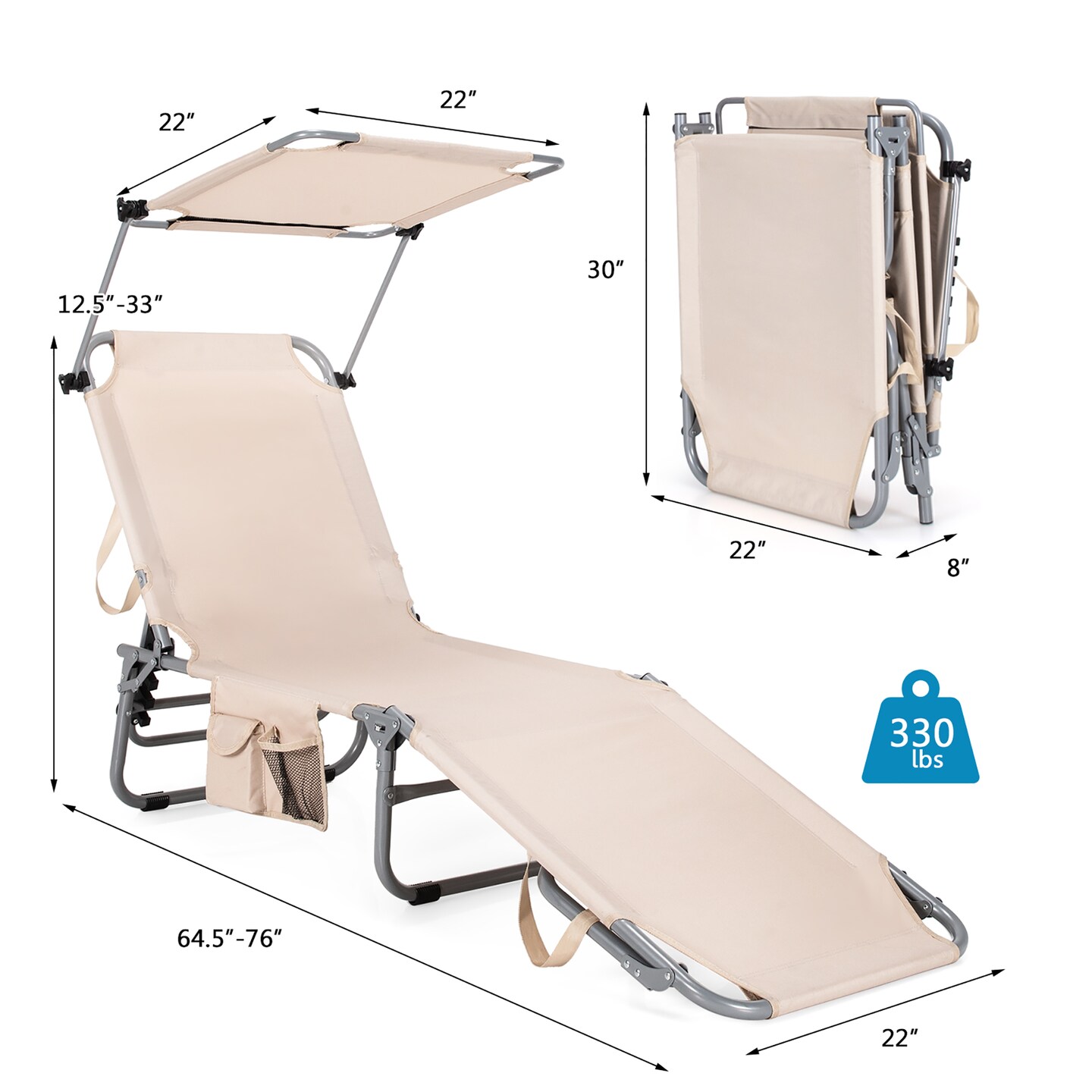 Costway Foldable Lounge Chair Outdoor Adjustable Beach Patio Pool Recliner with Sun Shade