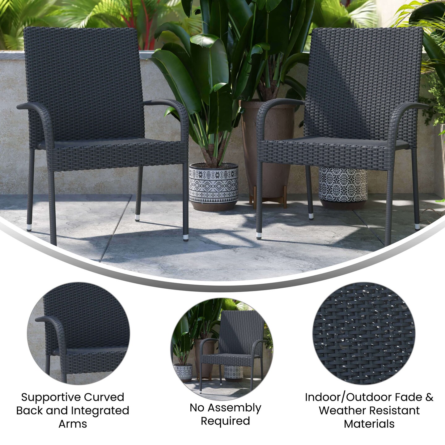 Merrick Lane Set of Mathias Indoor/Outdoor Black Wicker Patio Chairs with Powder Coated Steel Frame, Comfortably Curved Back and Arms