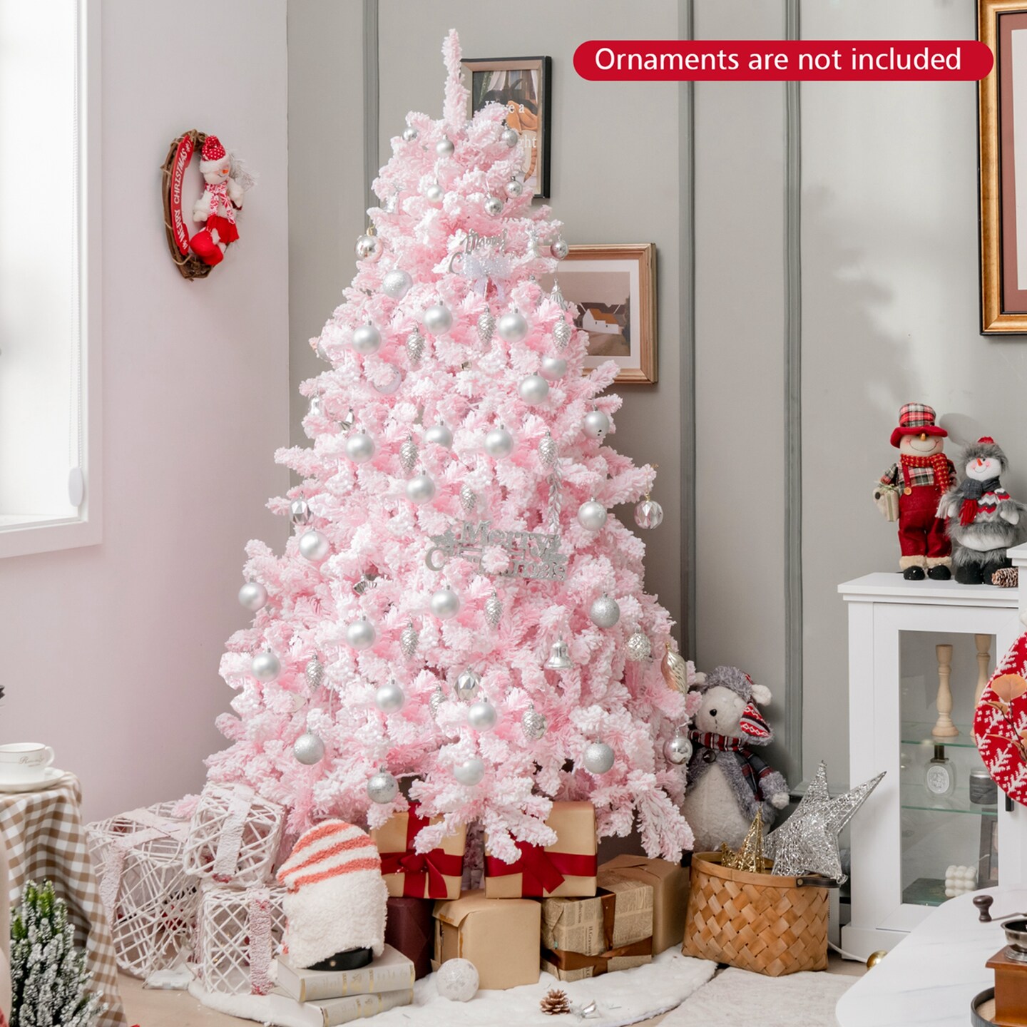Costway 6 FT Flocked Artificial Christmas Tree Hinged with 350 LED Lights 808 Branch Tips